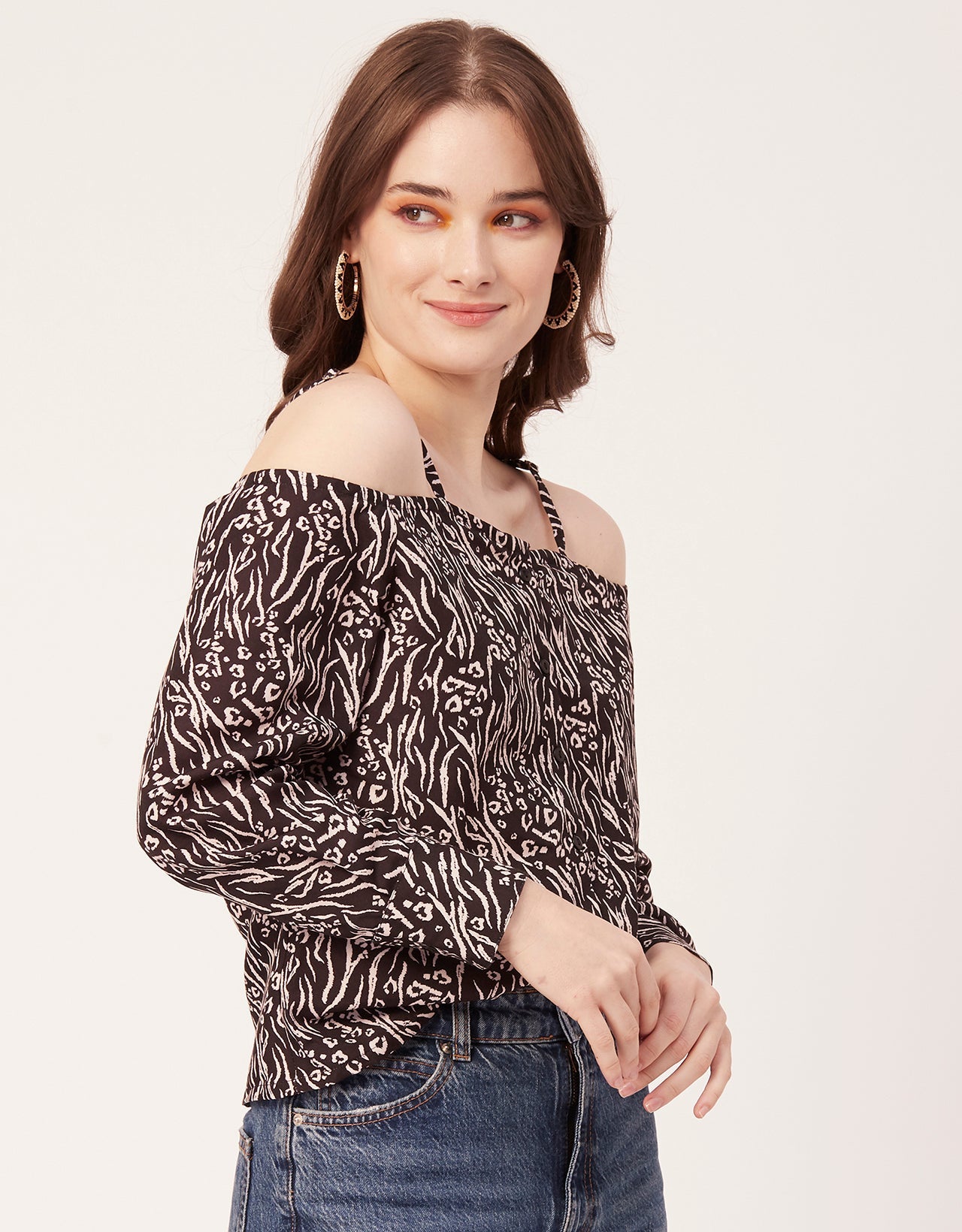 Printed Off-Shoulder Button Top
