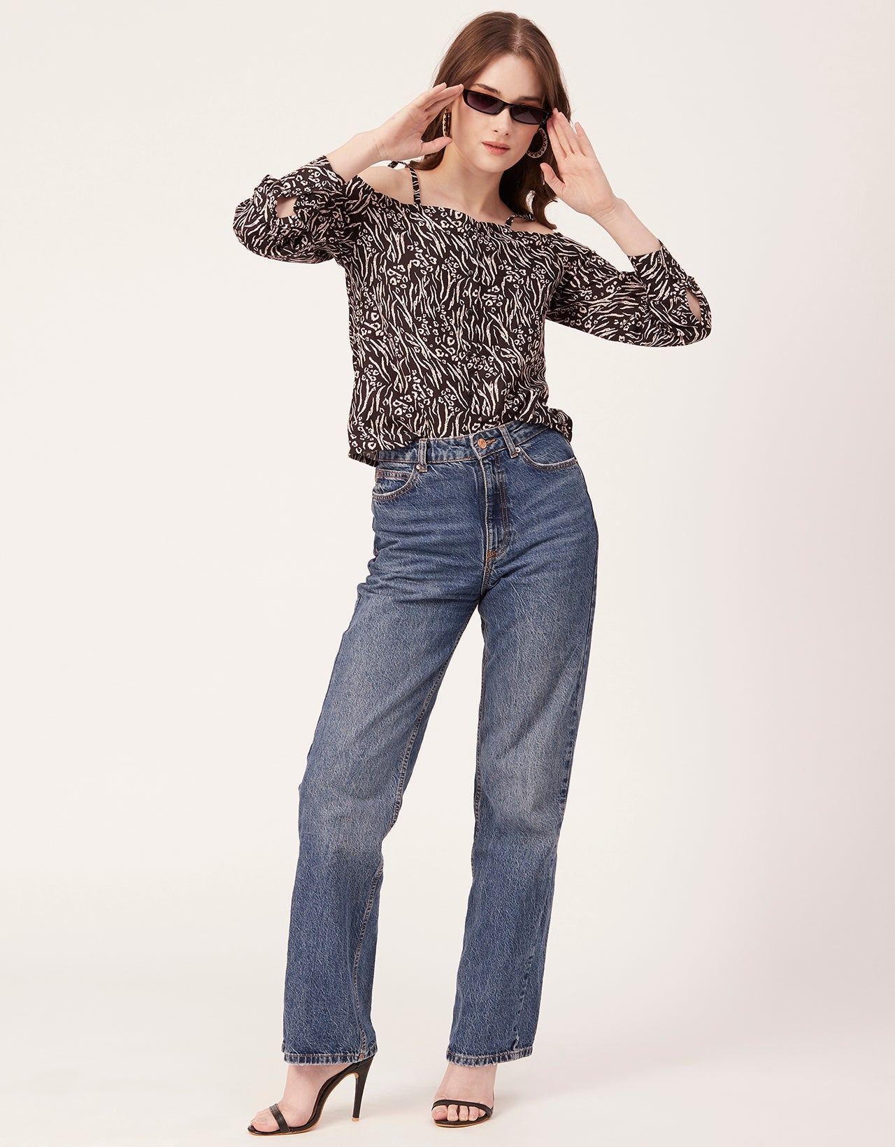 Printed Off-Shoulder Button Top