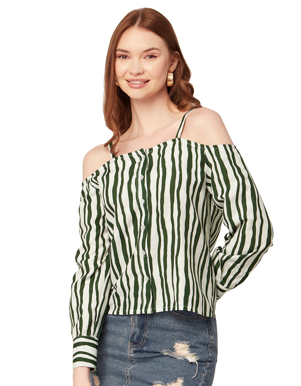 Printed Off-Shoulder Button Top