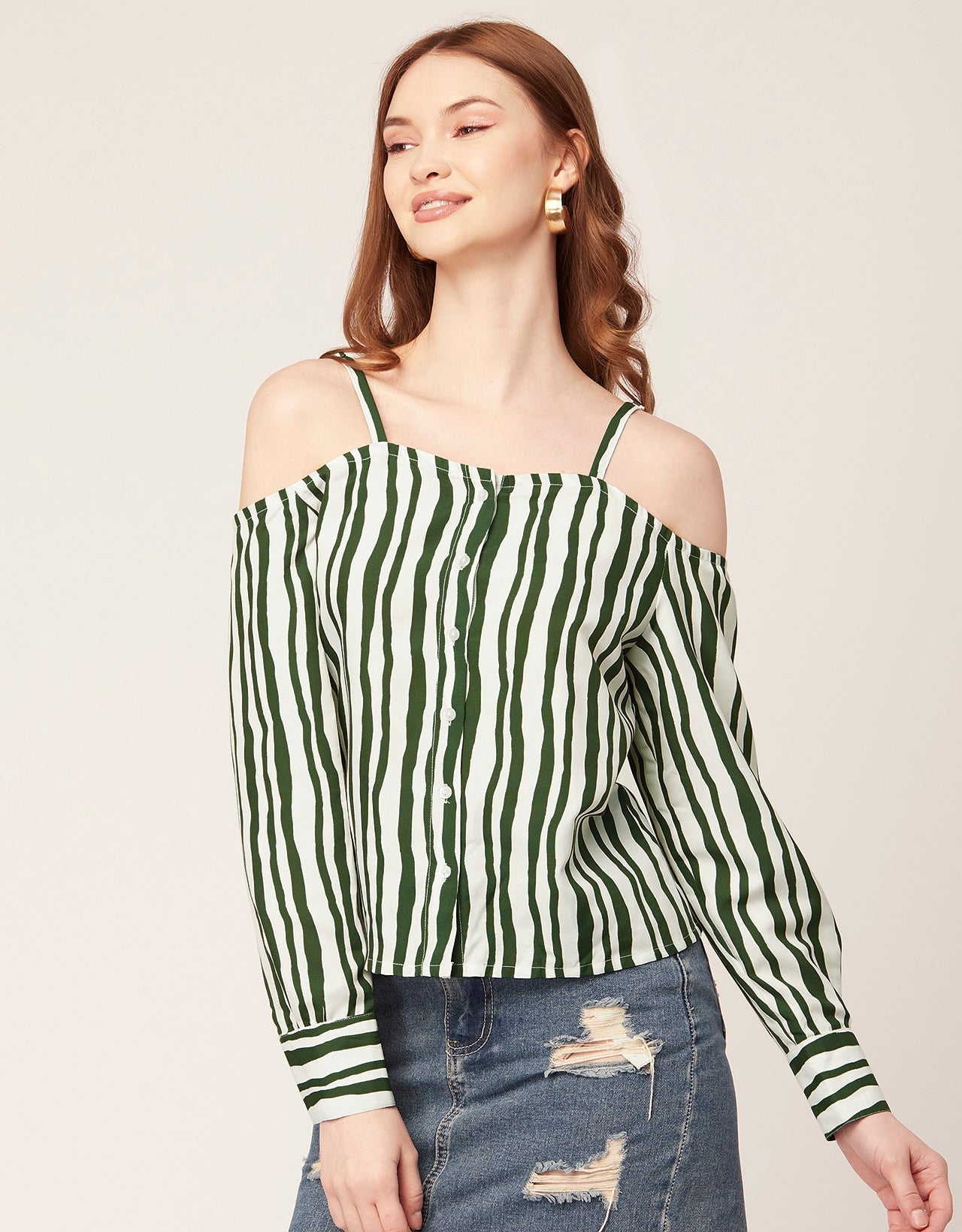 Printed Off-Shoulder Button Top