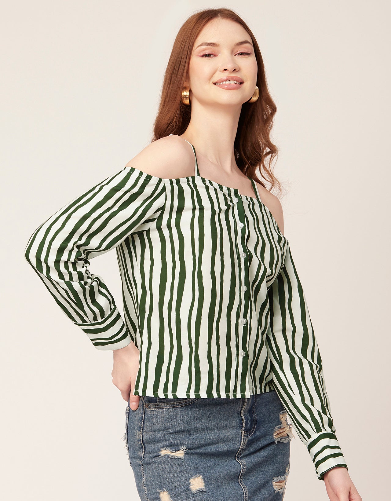 Printed Off-Shoulder Button Top