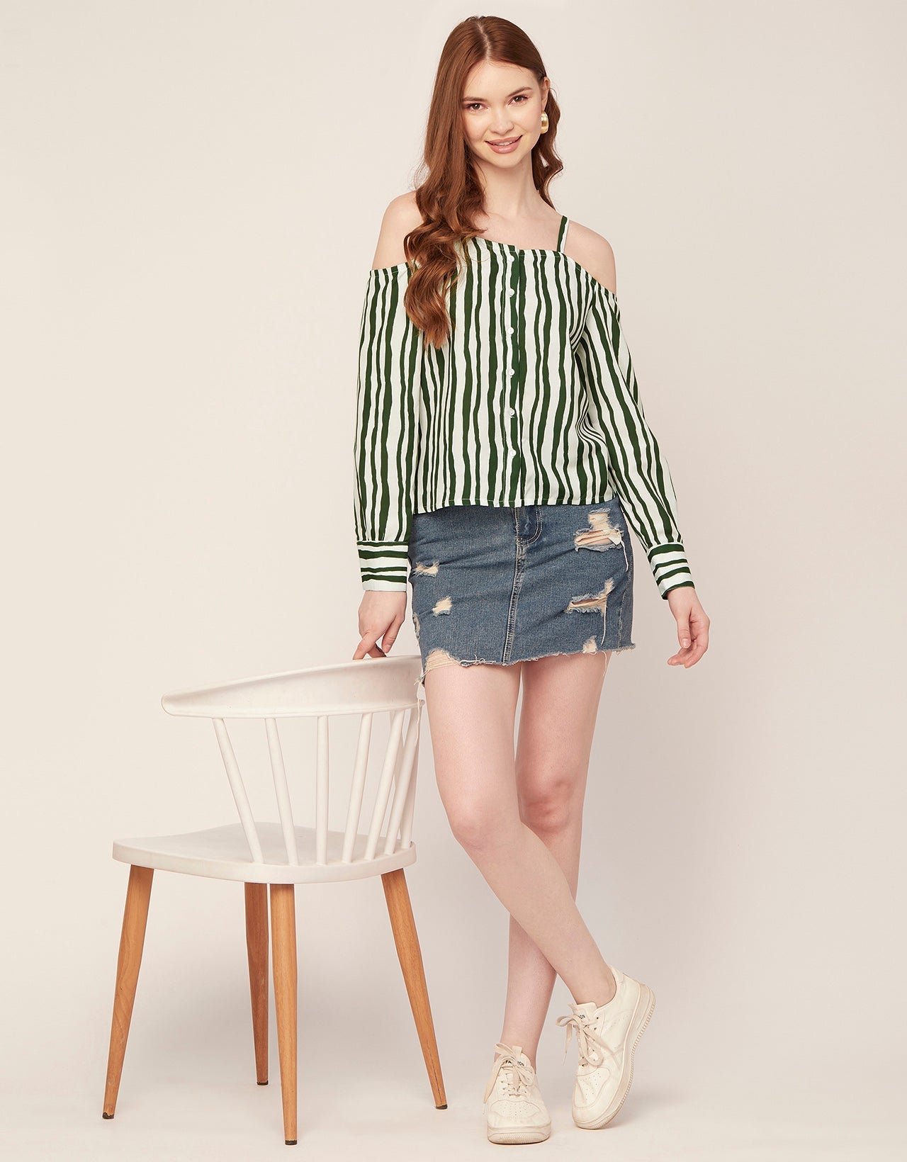 Printed Off-Shoulder Button Top