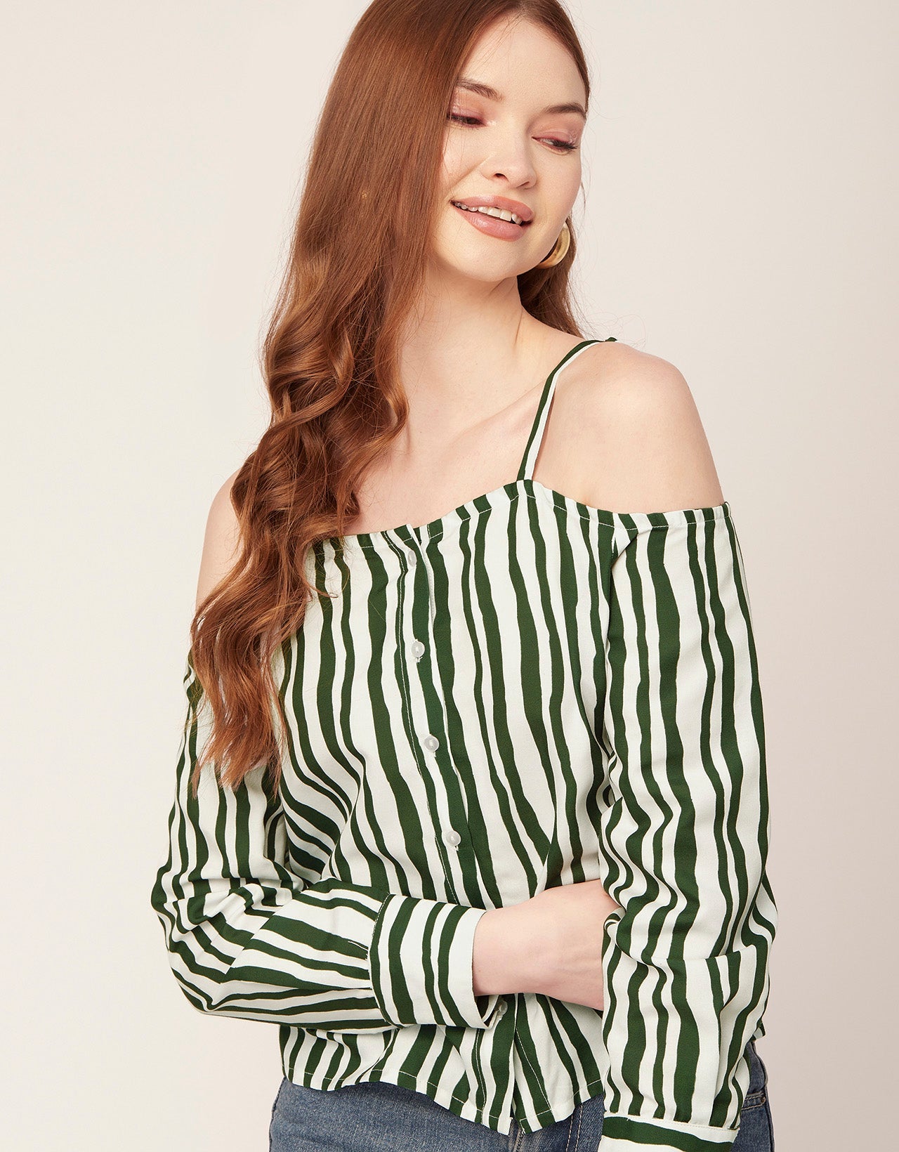 Printed Off-Shoulder Button Top