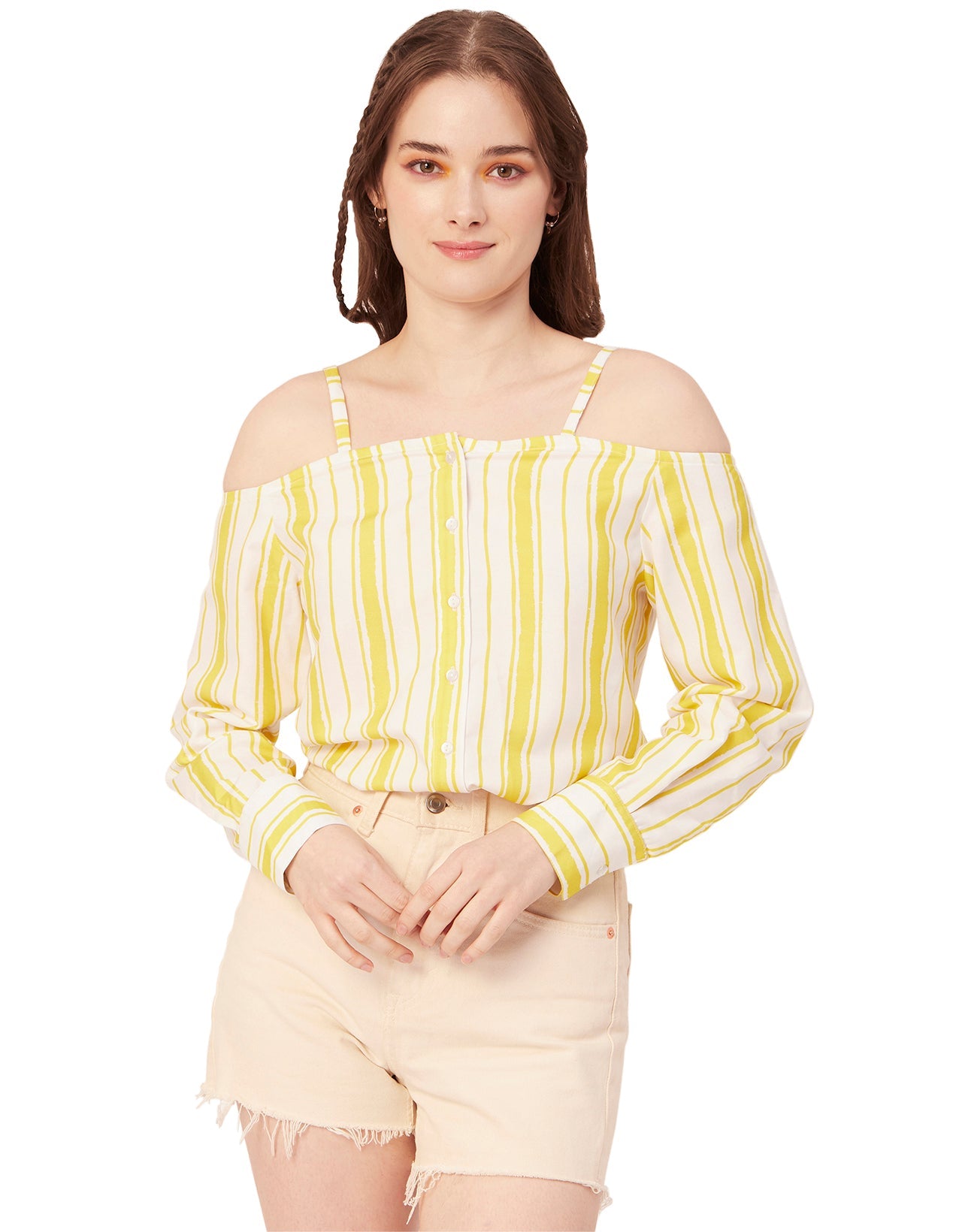 Printed Off-Shoulder Button Top