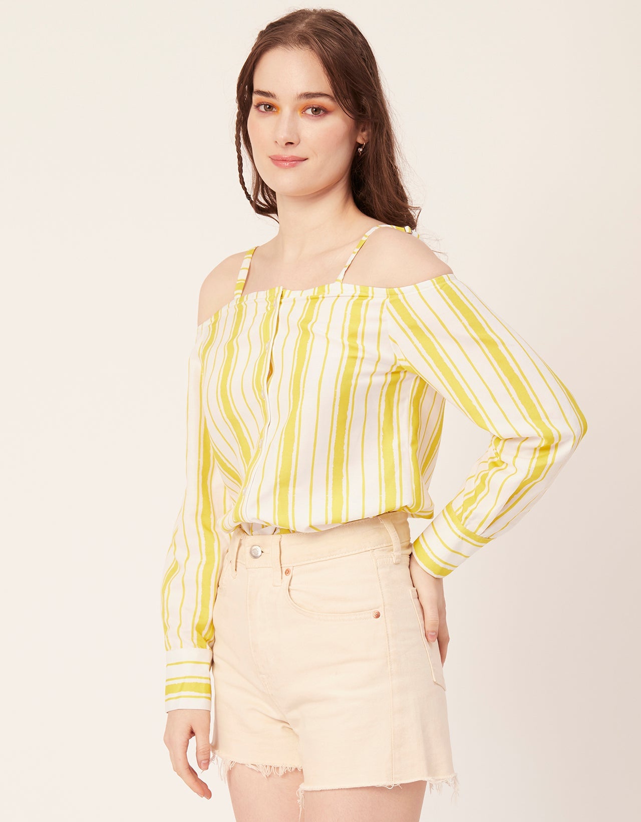 Printed Off-Shoulder Button Top