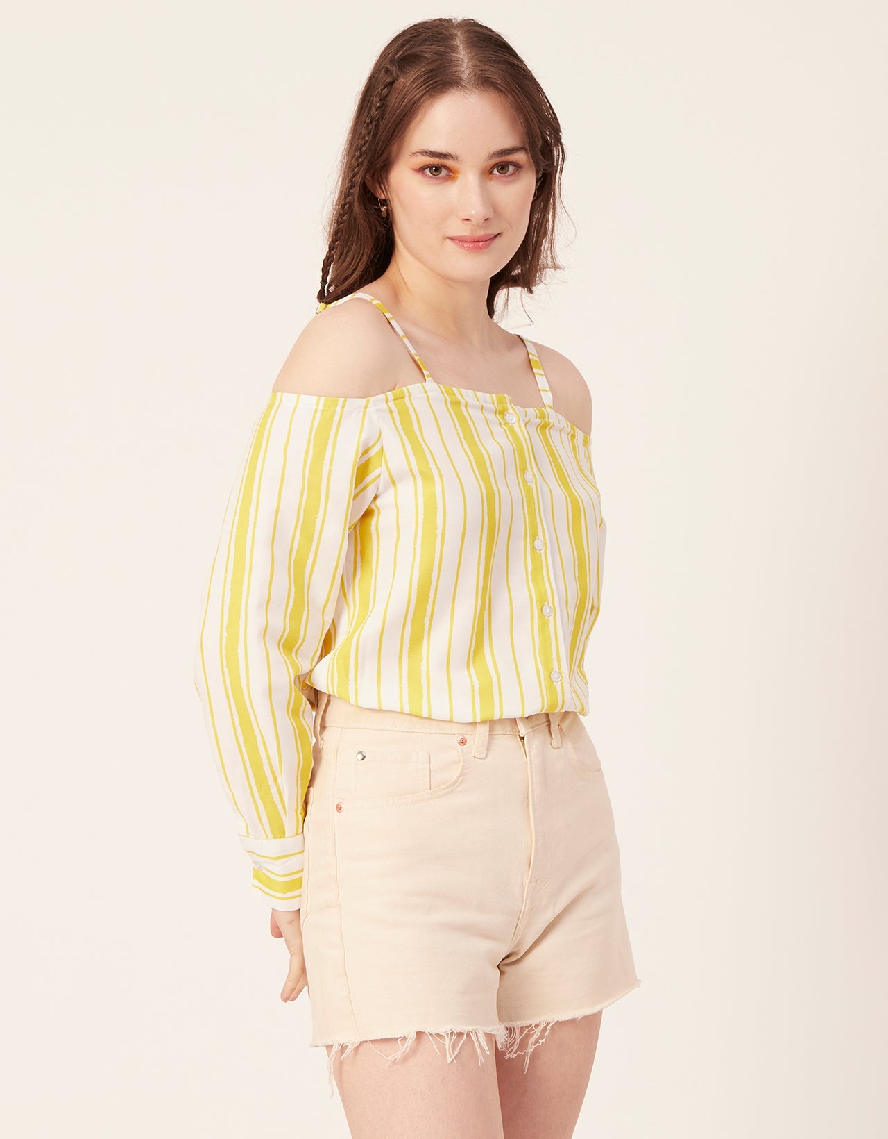 Printed Off-Shoulder Button Top