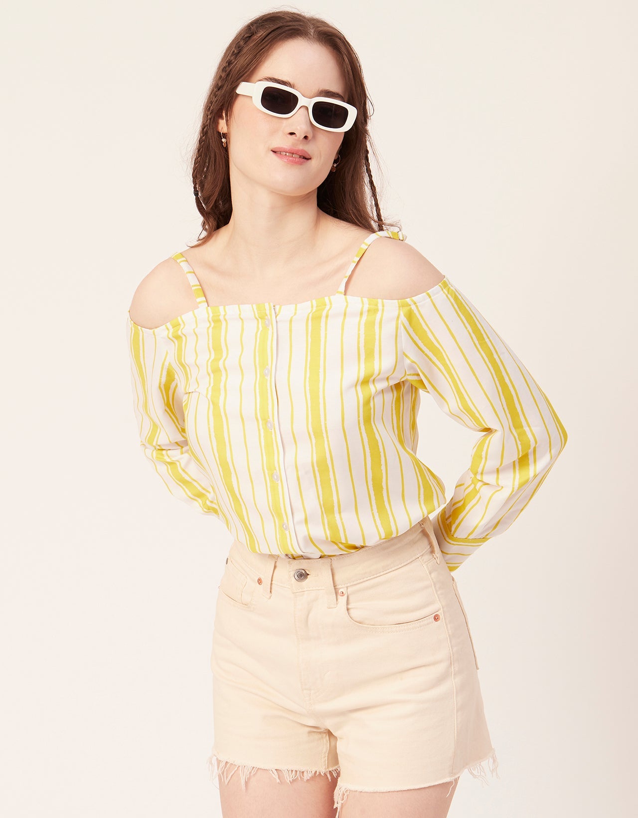 Printed Off-Shoulder Button Top
