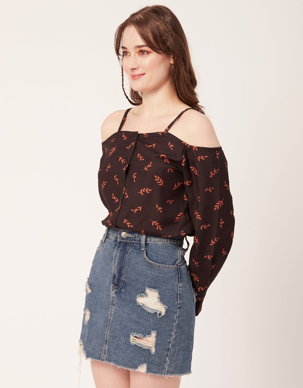 Printed Off-Shoulder Button Top