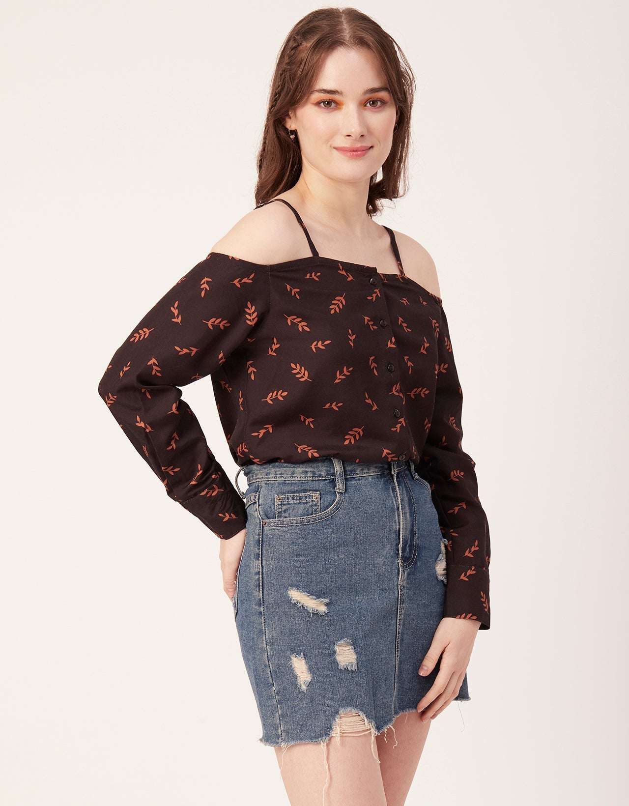 Printed Off-Shoulder Button Top
