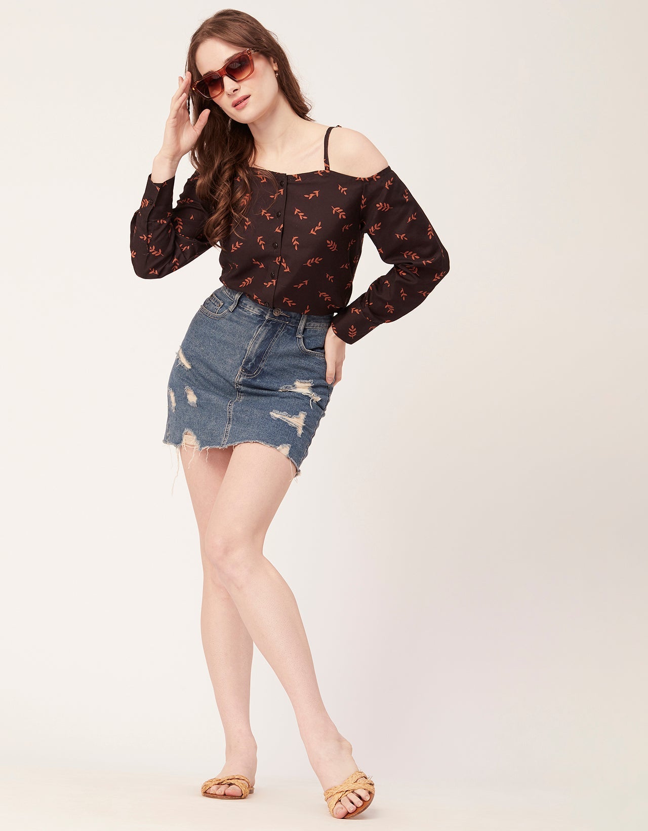 Printed Off-Shoulder Button Top