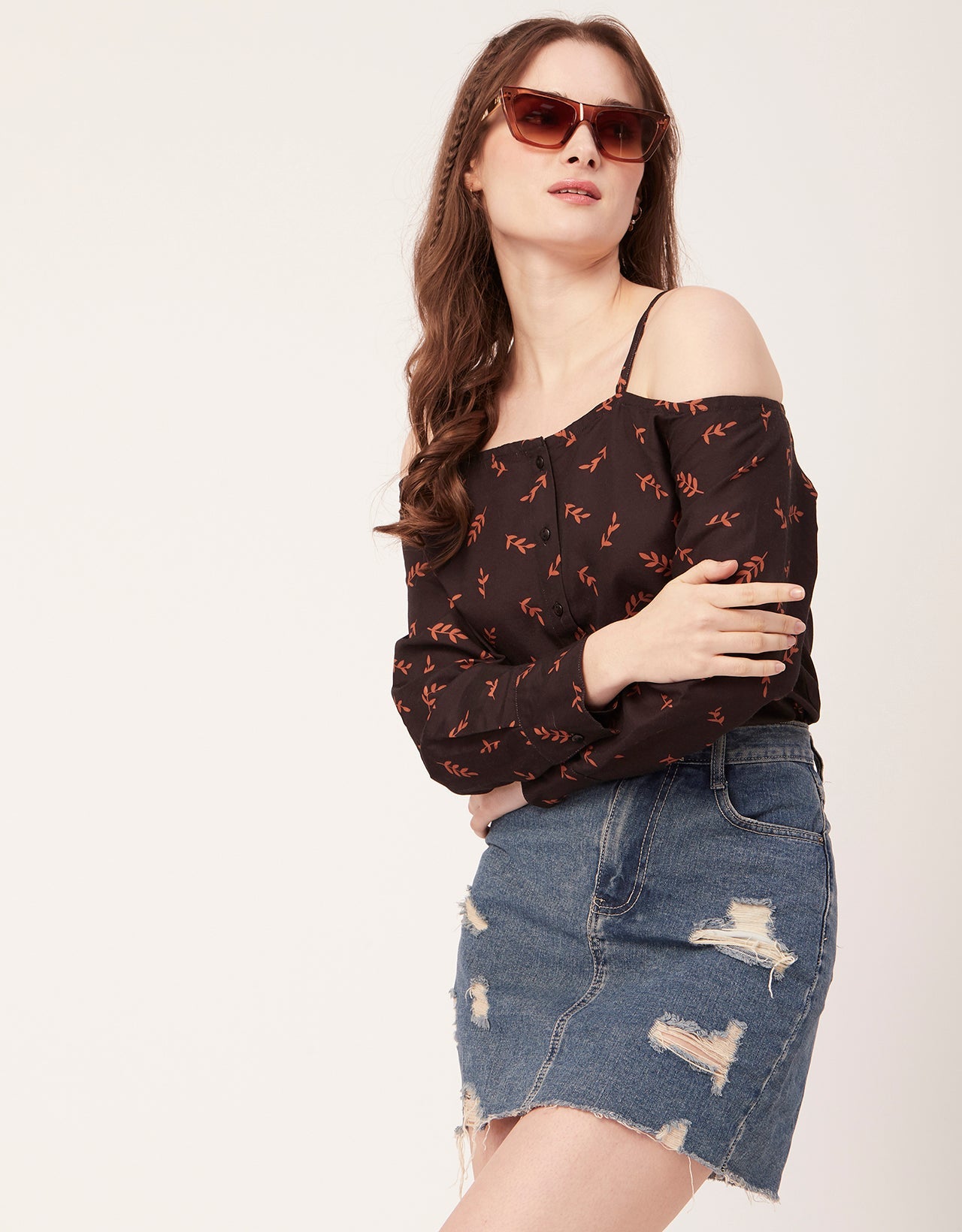 Printed Off-Shoulder Button Top