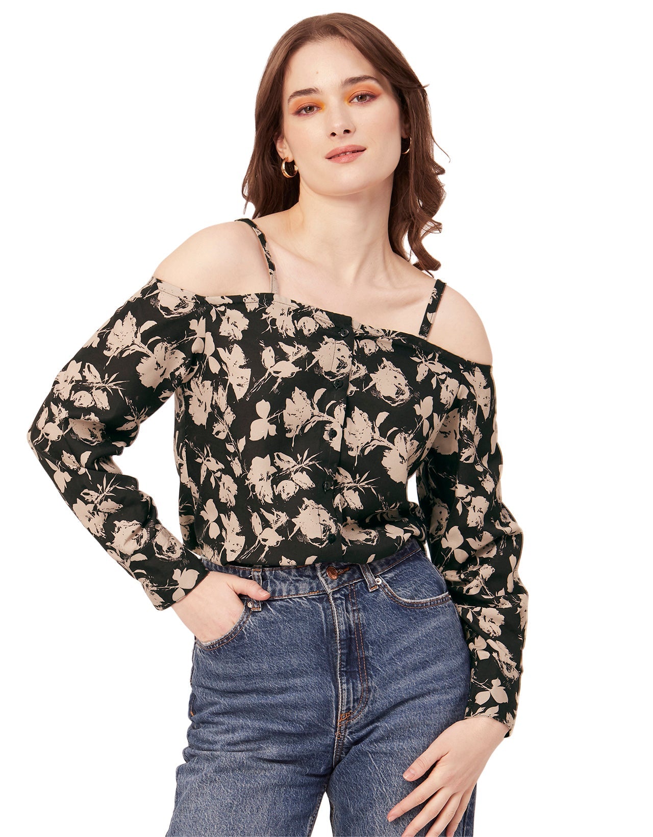 Printed Off-Shoulder Button Top