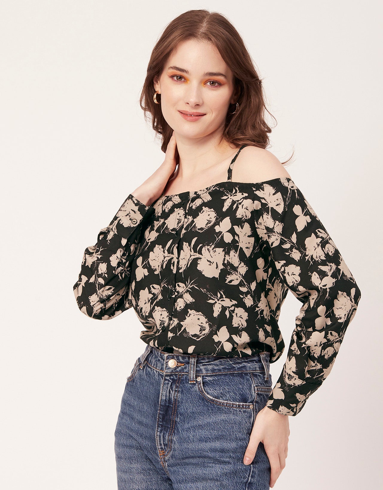 Printed Off-Shoulder Button Top