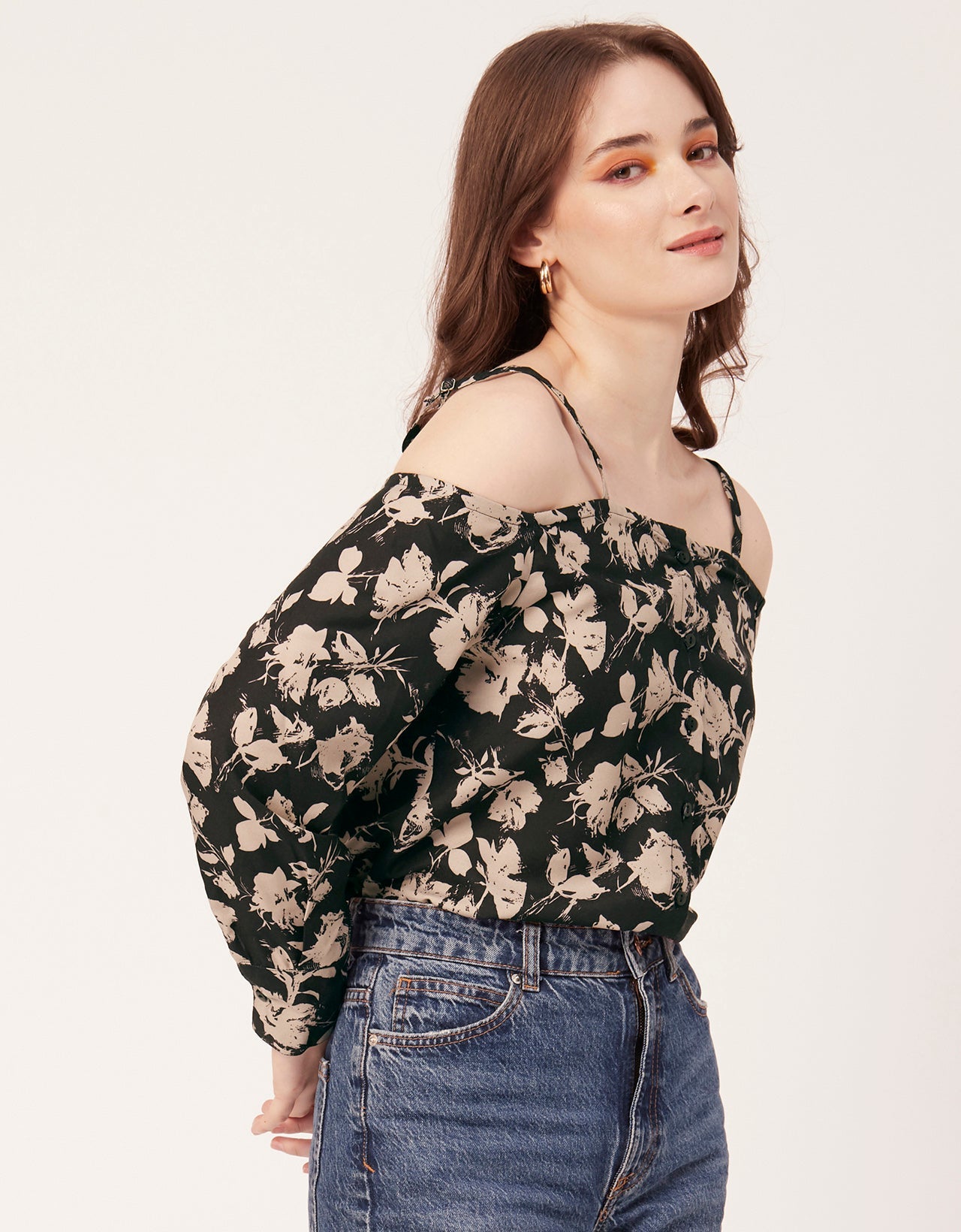 Printed Off-Shoulder Button Top