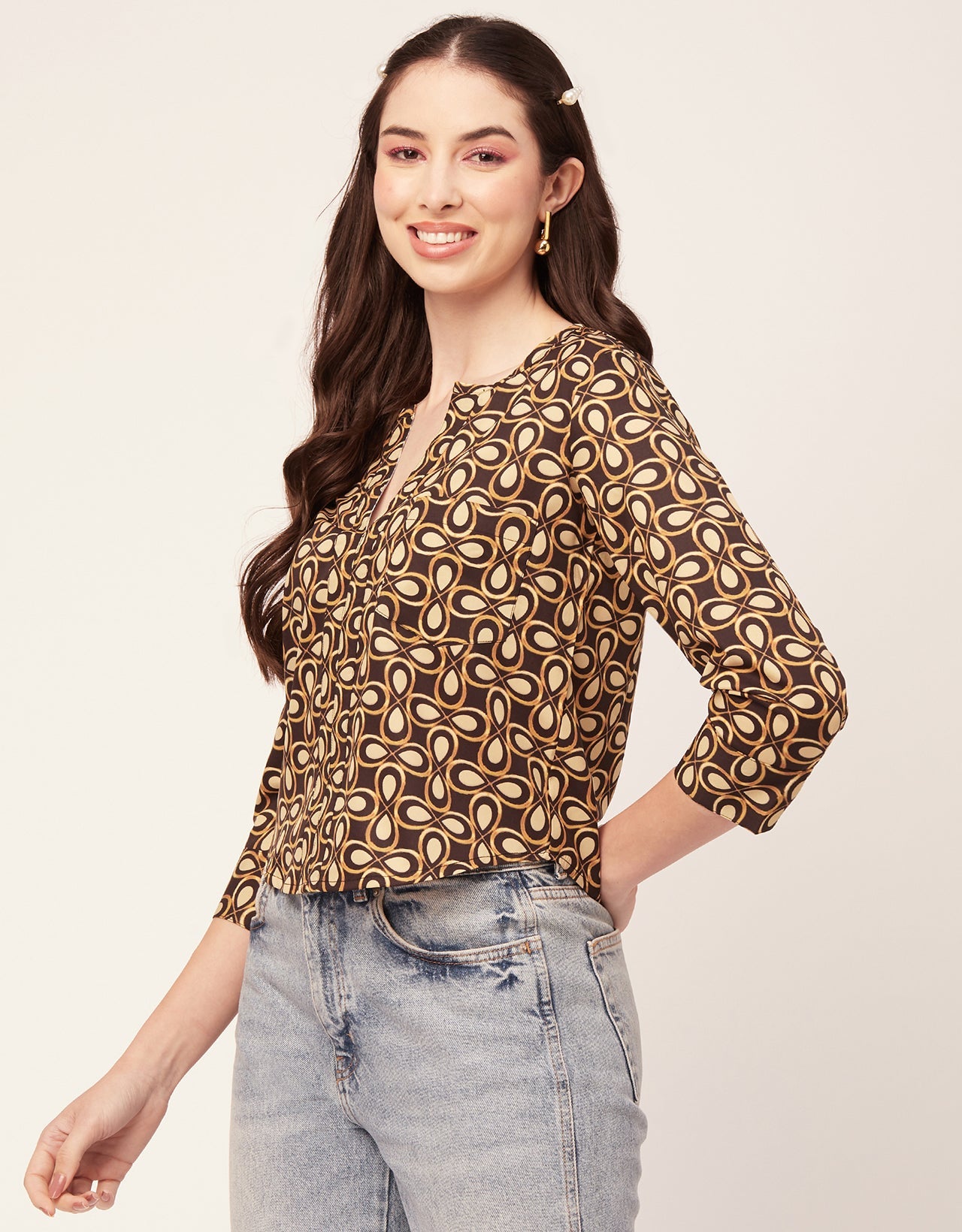 Printed V Neck Short Top