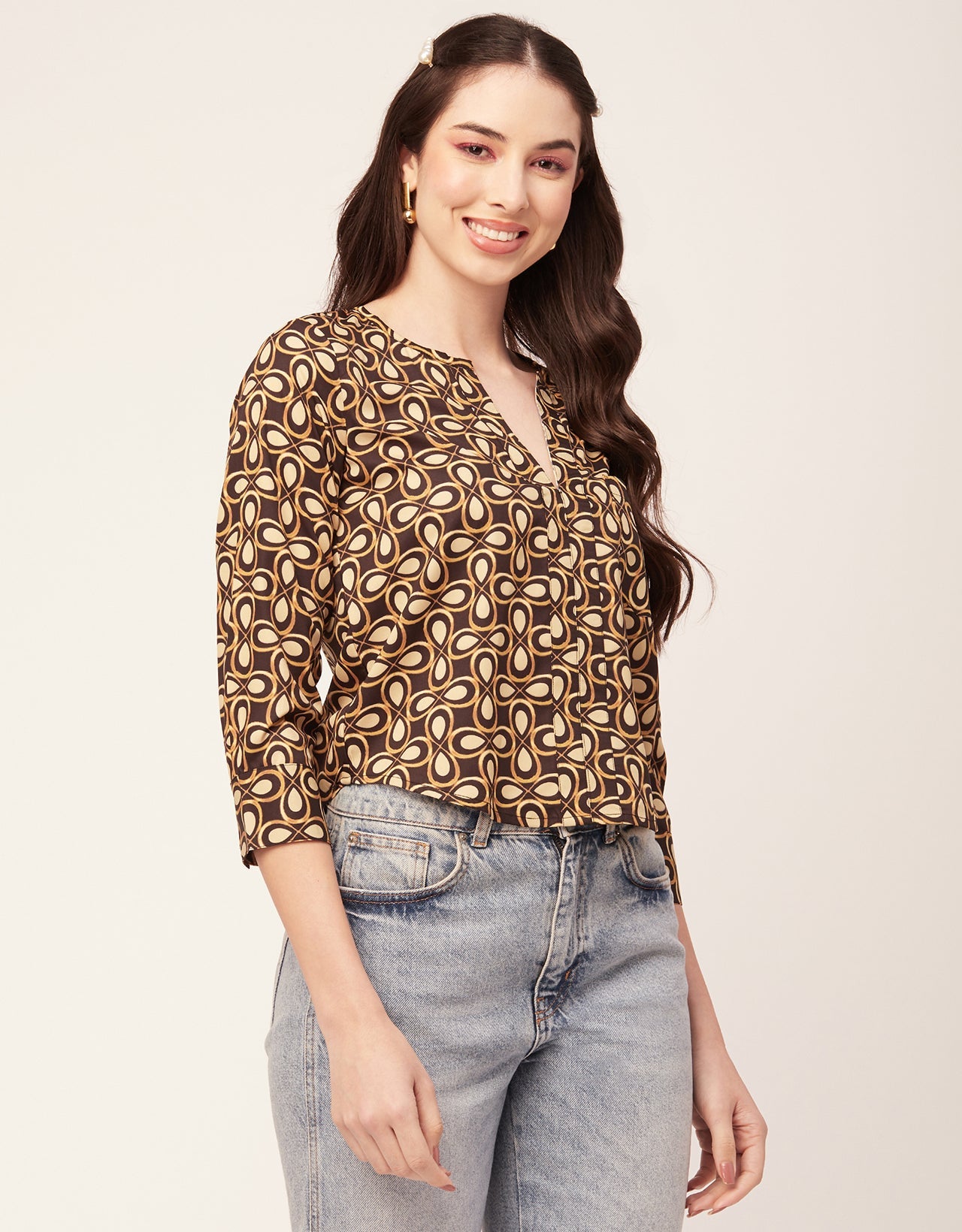 Printed V Neck Short Top