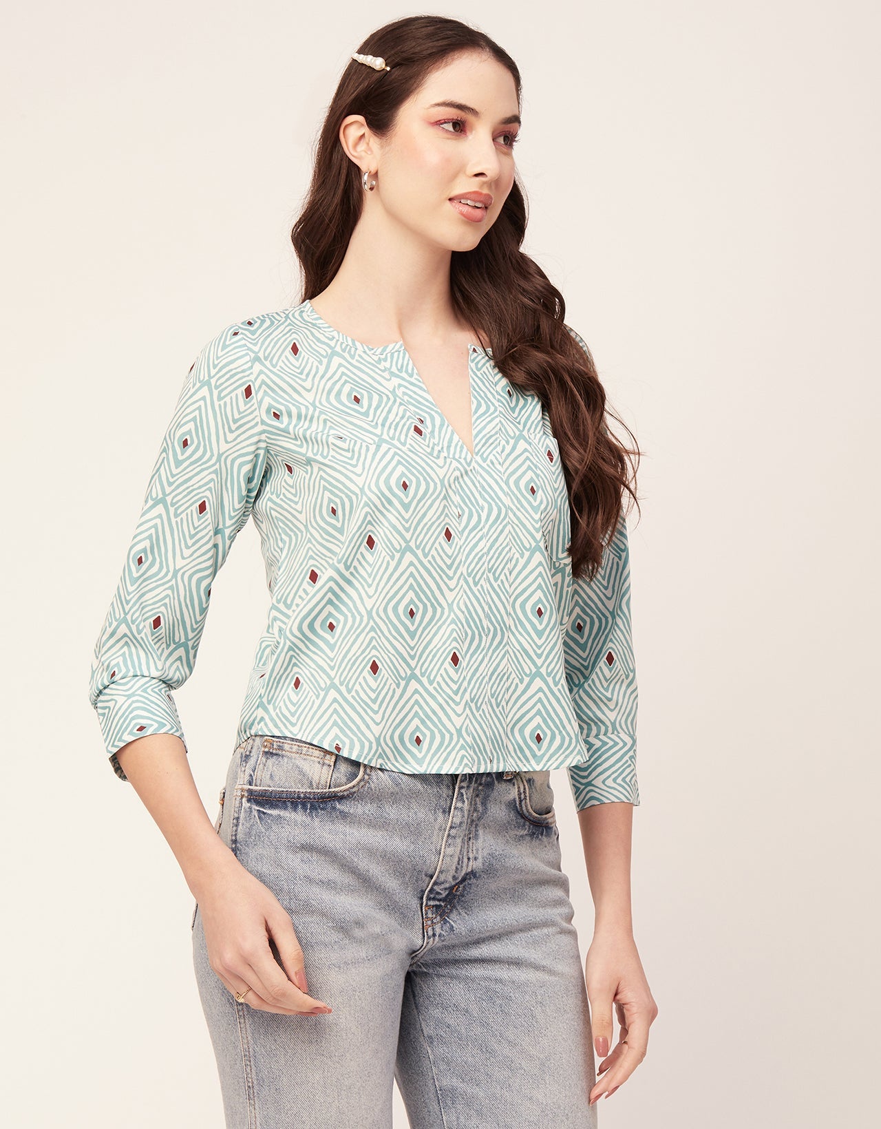 Printed V Neck Short Top