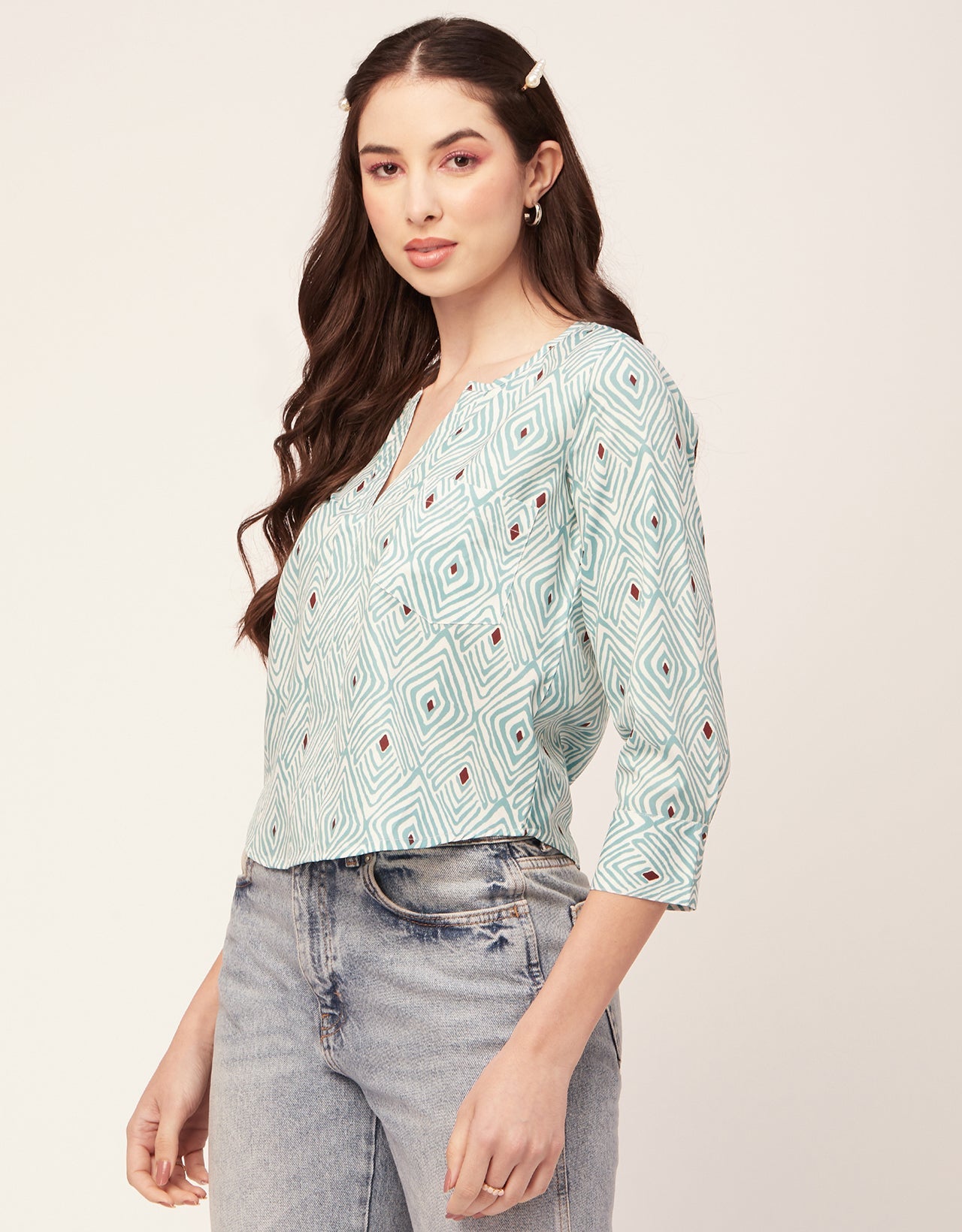Printed V Neck Short Top