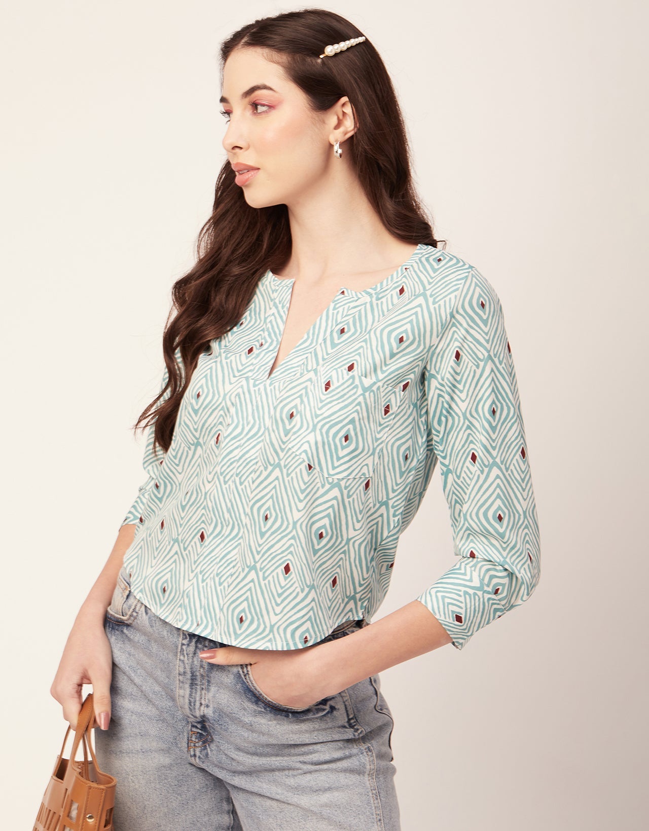 Printed V Neck Short Top