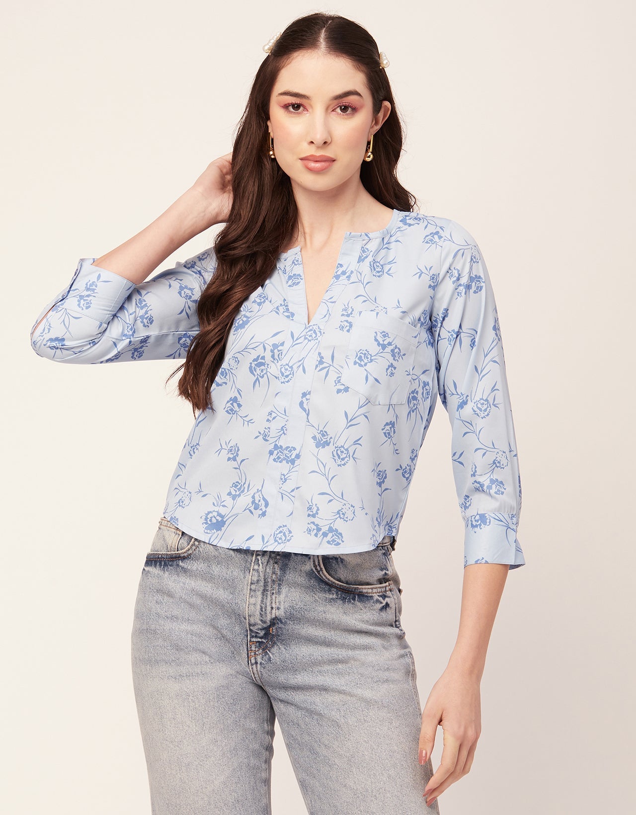 Printed V Neck Short Top