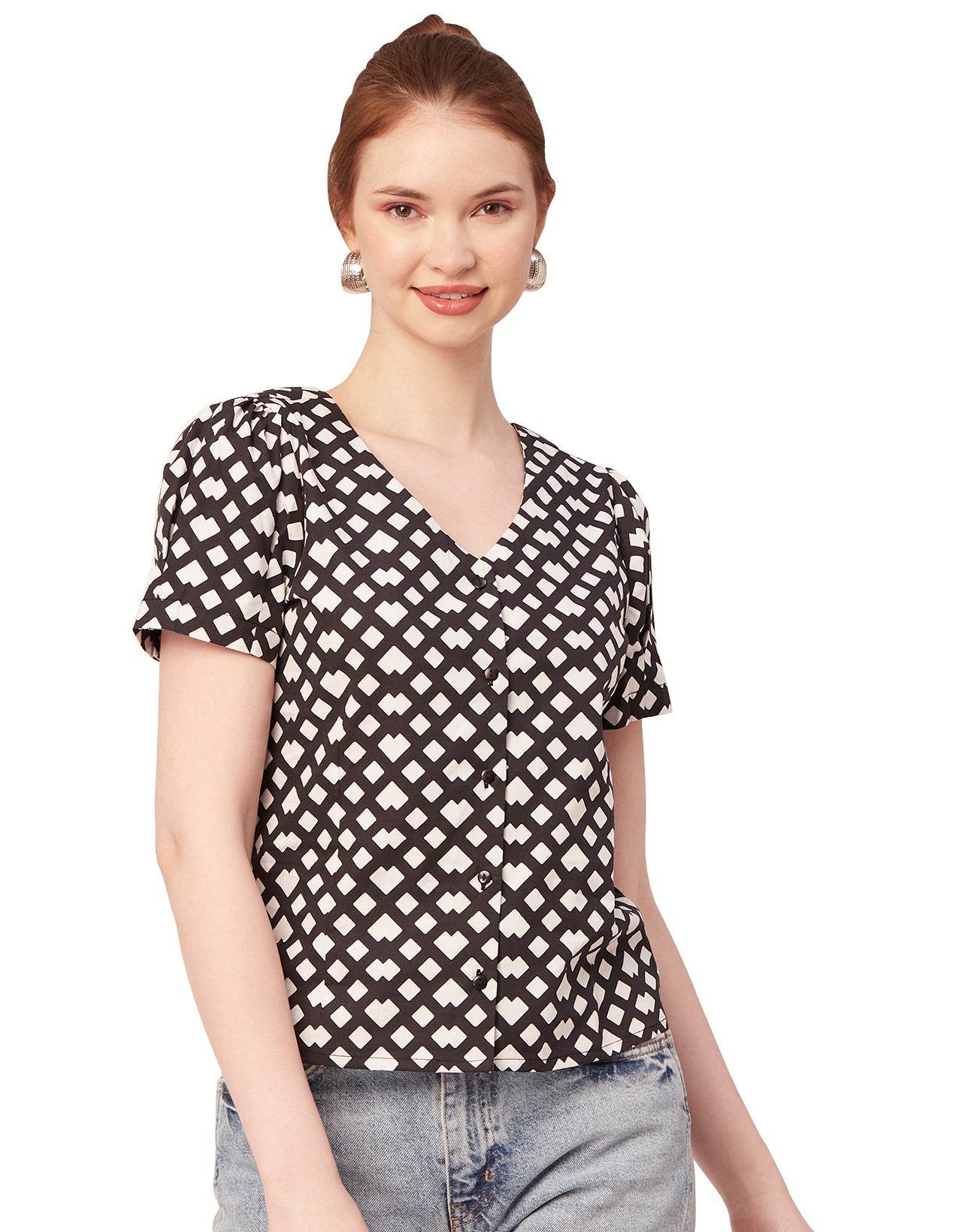 Printed V Neck Puff Sleeve