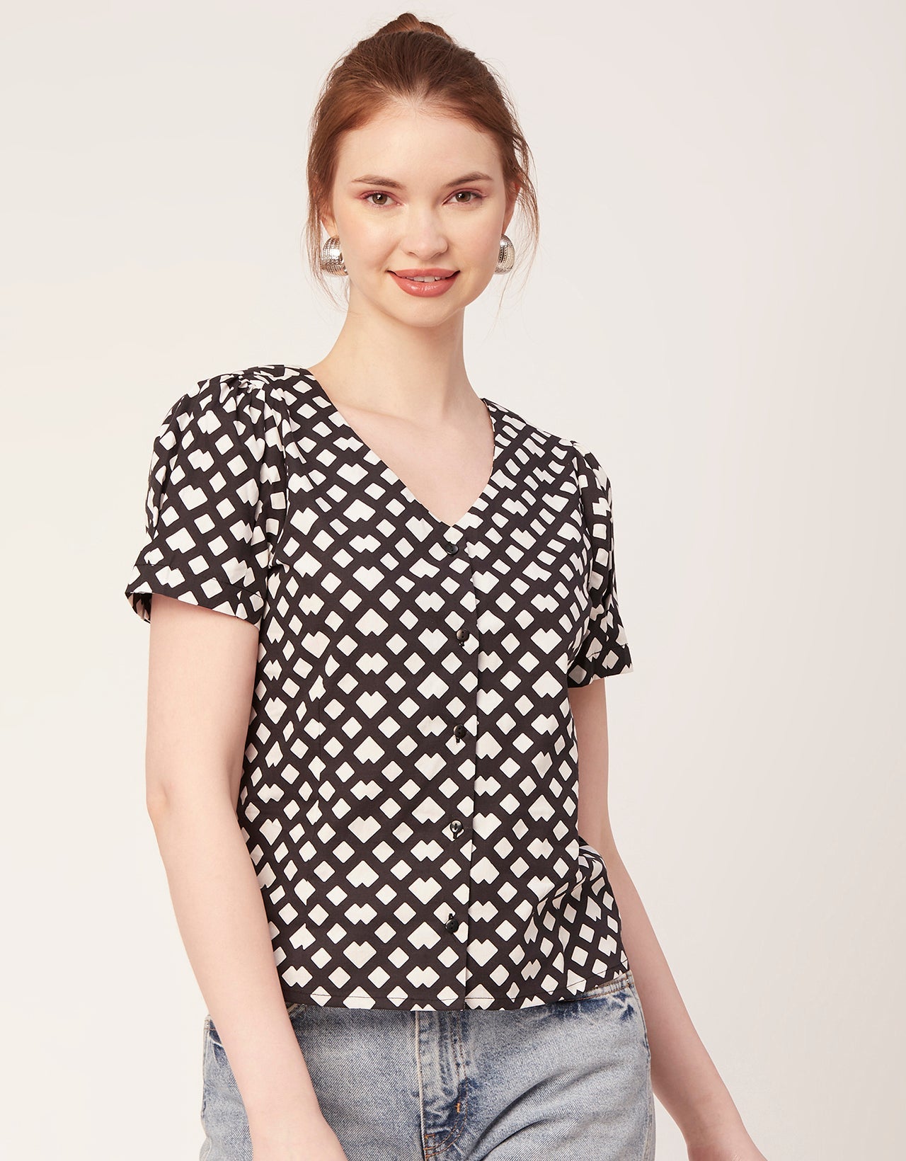 Printed V Neck Puff Sleeve