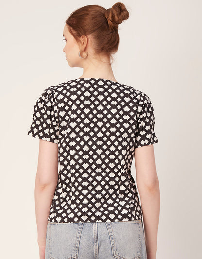 Printed V Neck Puff Sleeve