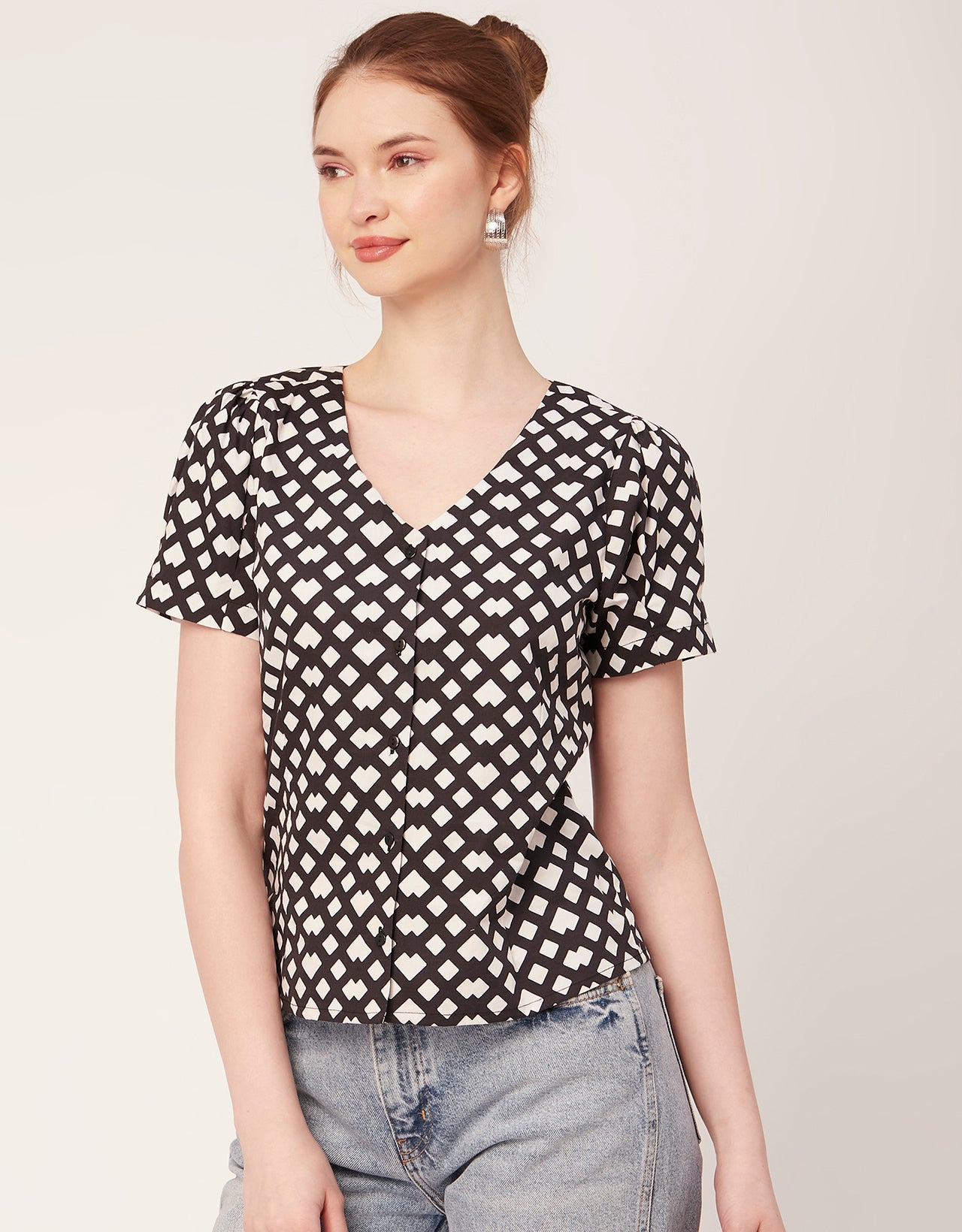 Printed V Neck Puff Sleeve