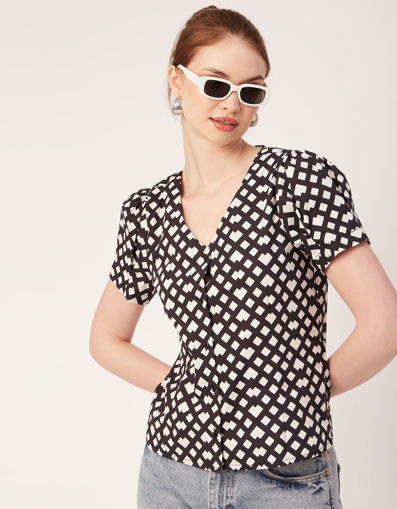 Printed V Neck Puff Sleeve