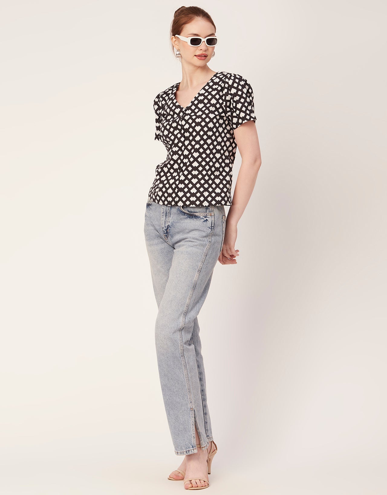 Printed V Neck Puff Sleeve