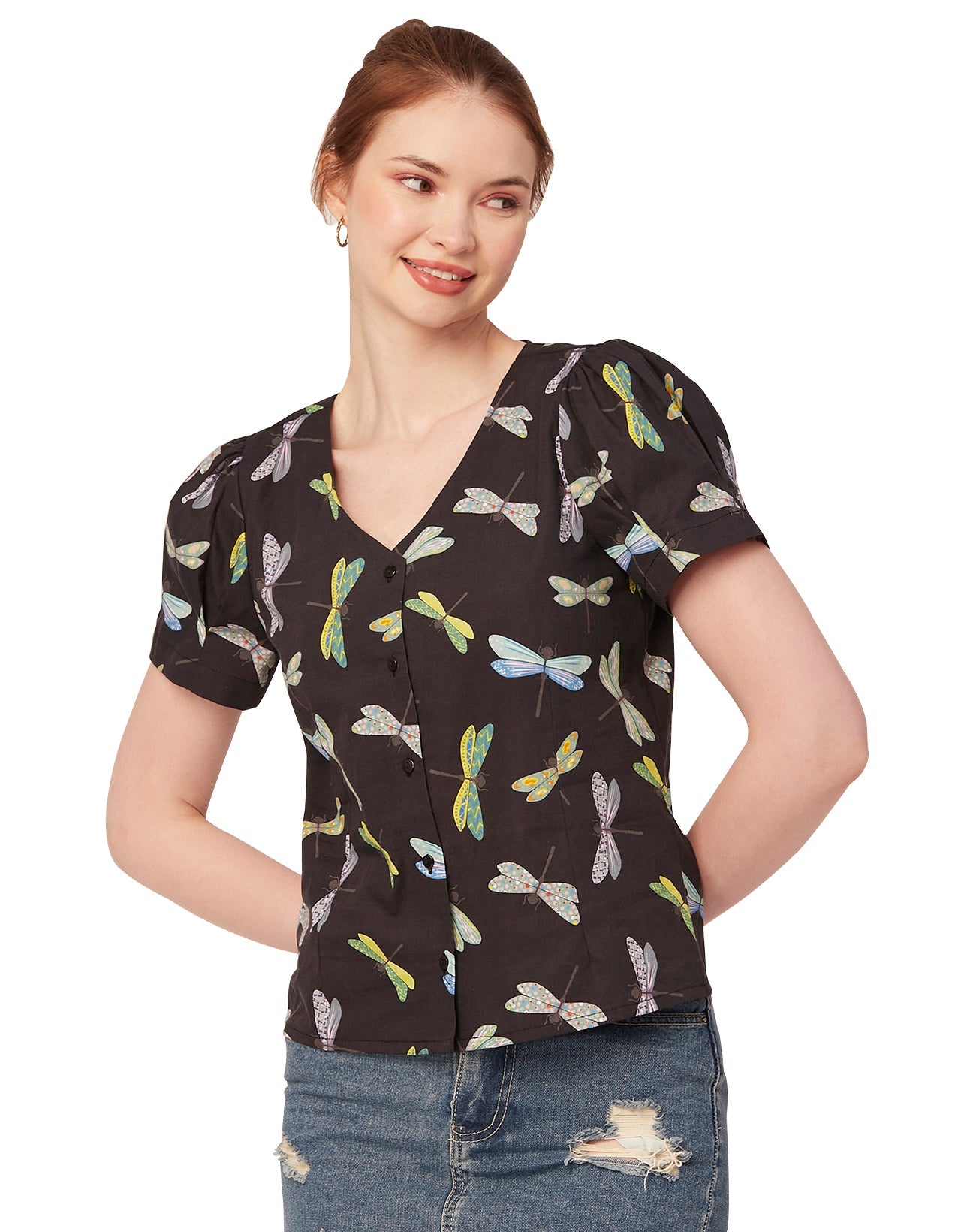 Printed V Neck Puff Sleeve