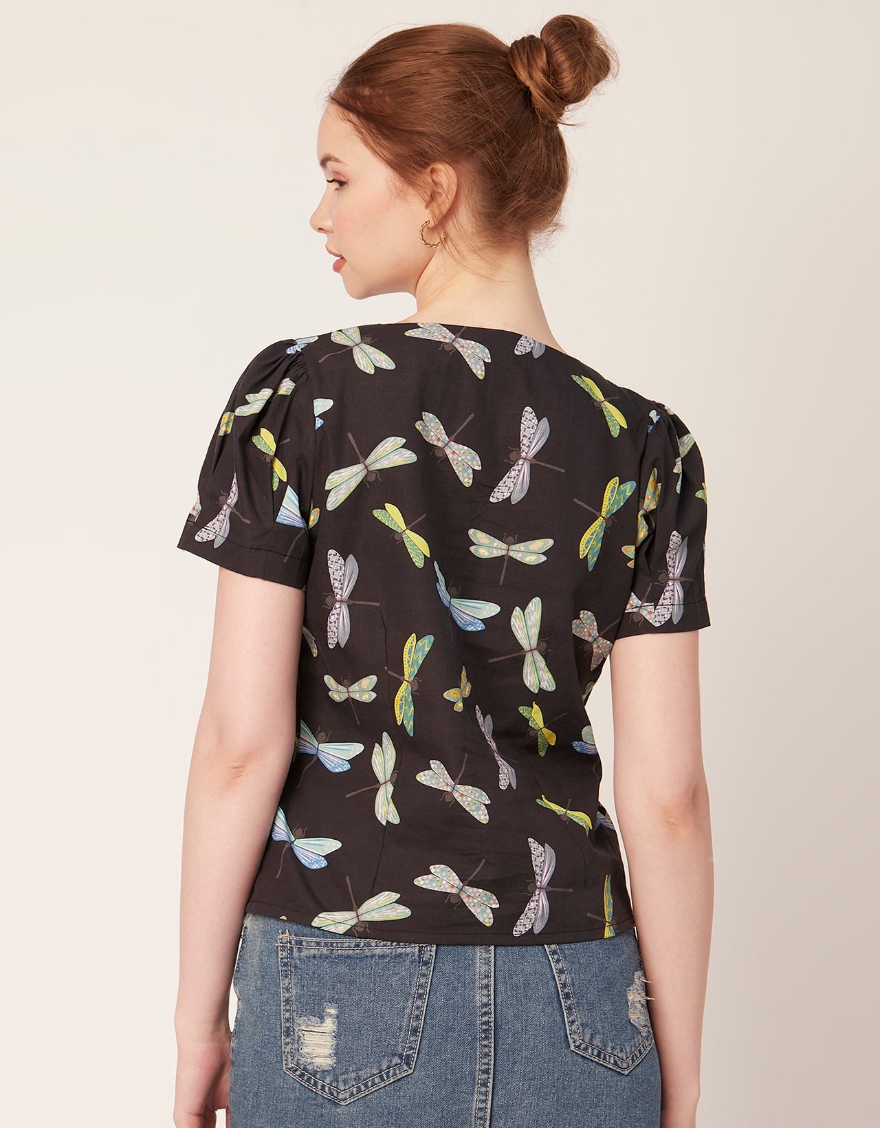 Printed V Neck Puff Sleeve