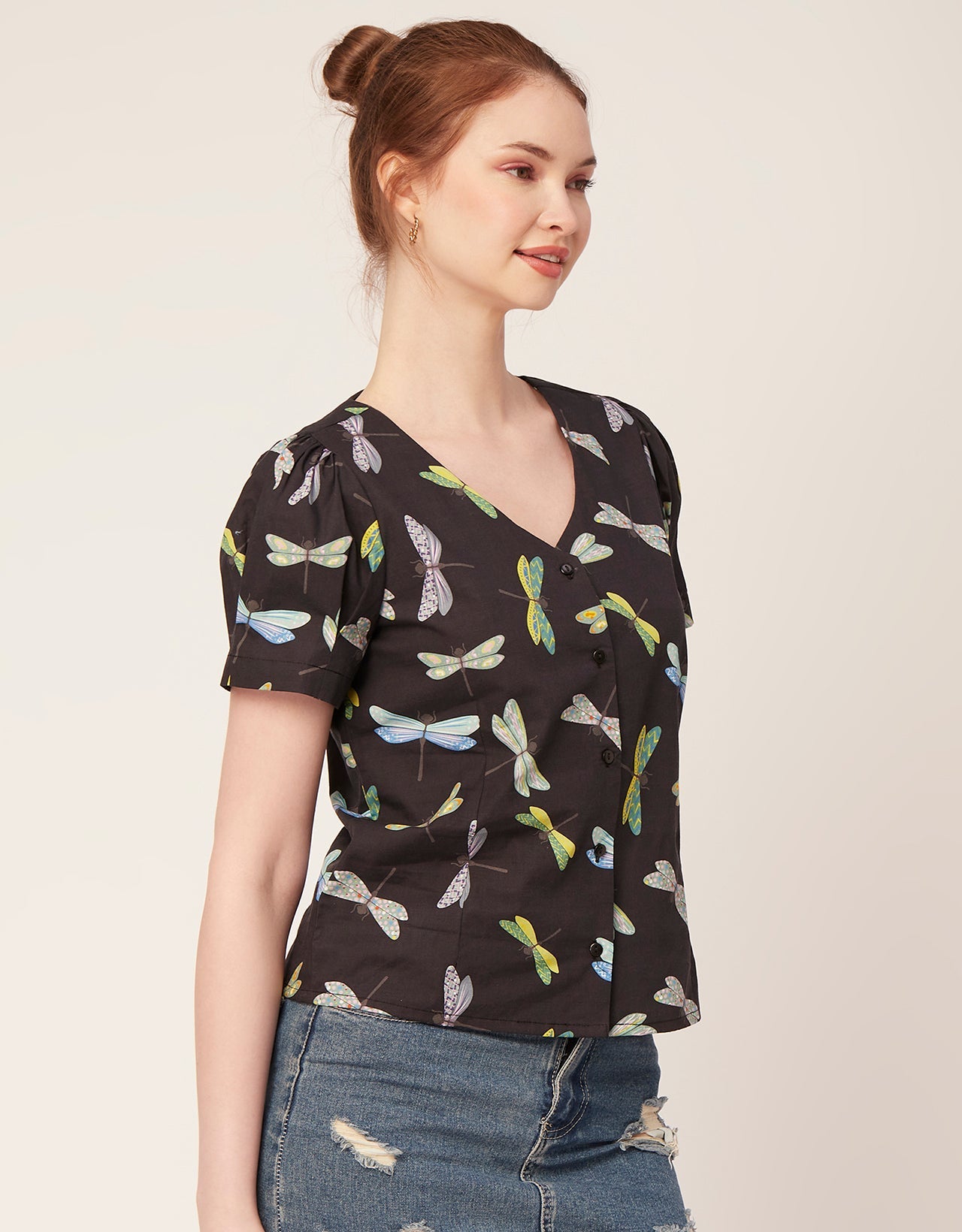 Printed V Neck Puff Sleeve