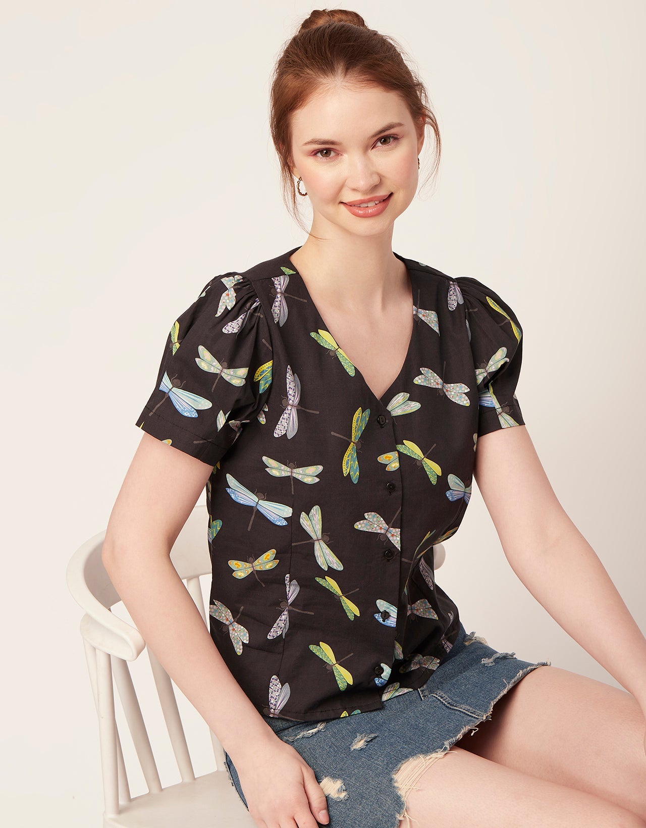 Printed V Neck Puff Sleeve