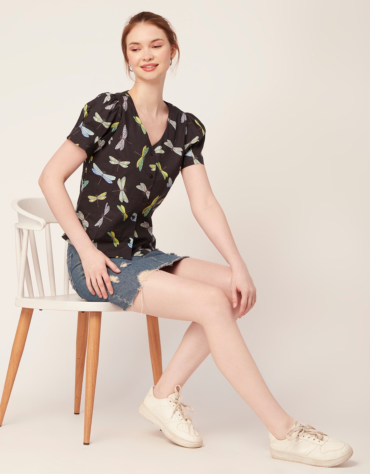Printed V Neck Puff Sleeve