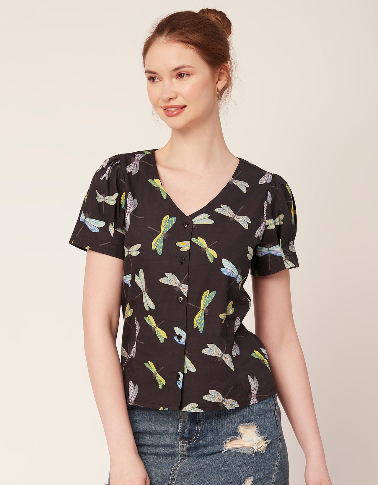 Printed V Neck Puff Sleeve