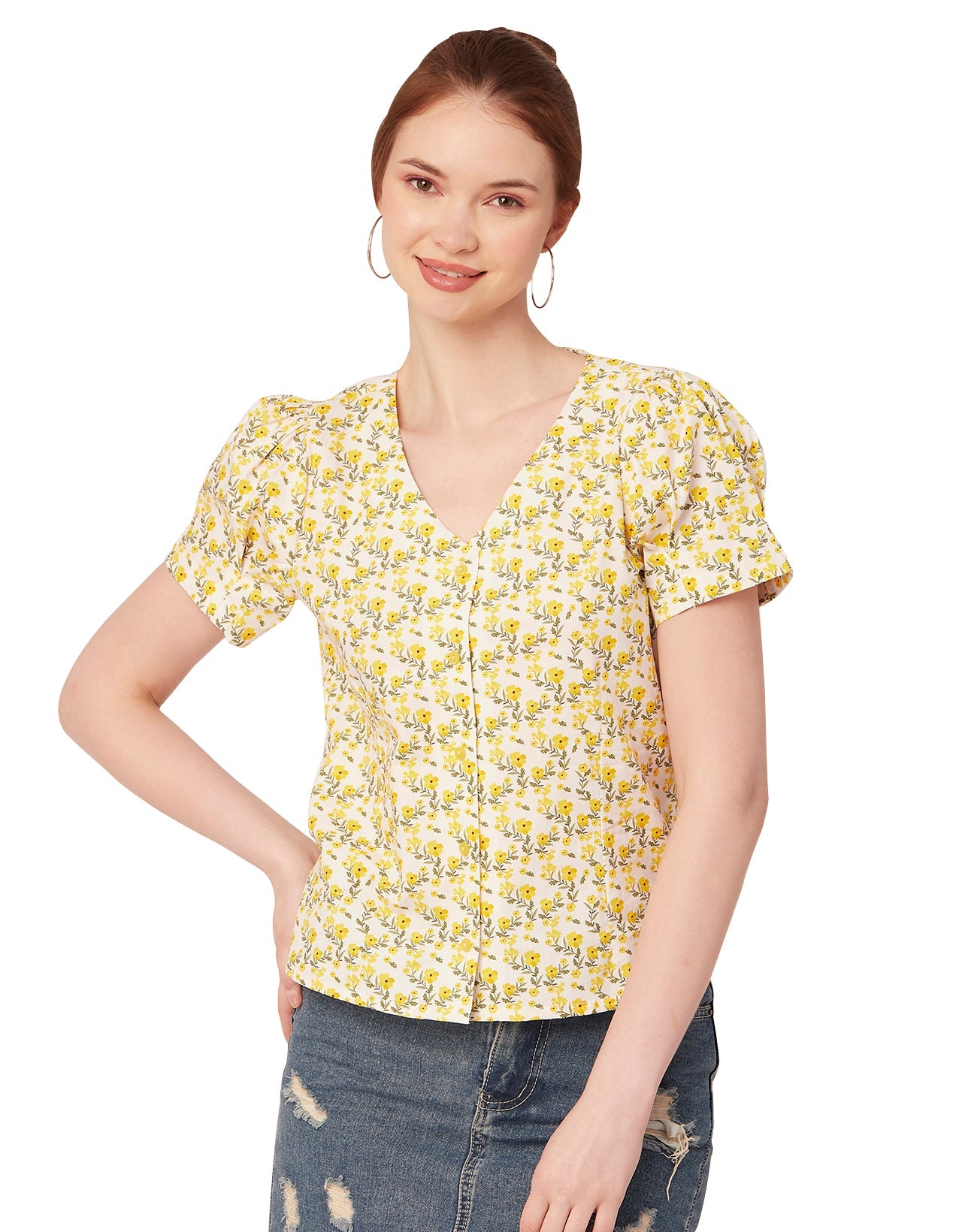 Printed V Neck Puff Sleeve