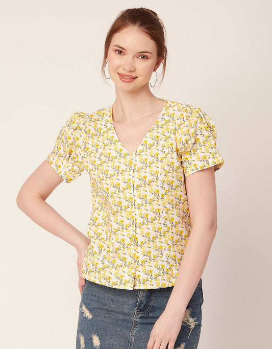 Printed V Neck Puff Sleeve