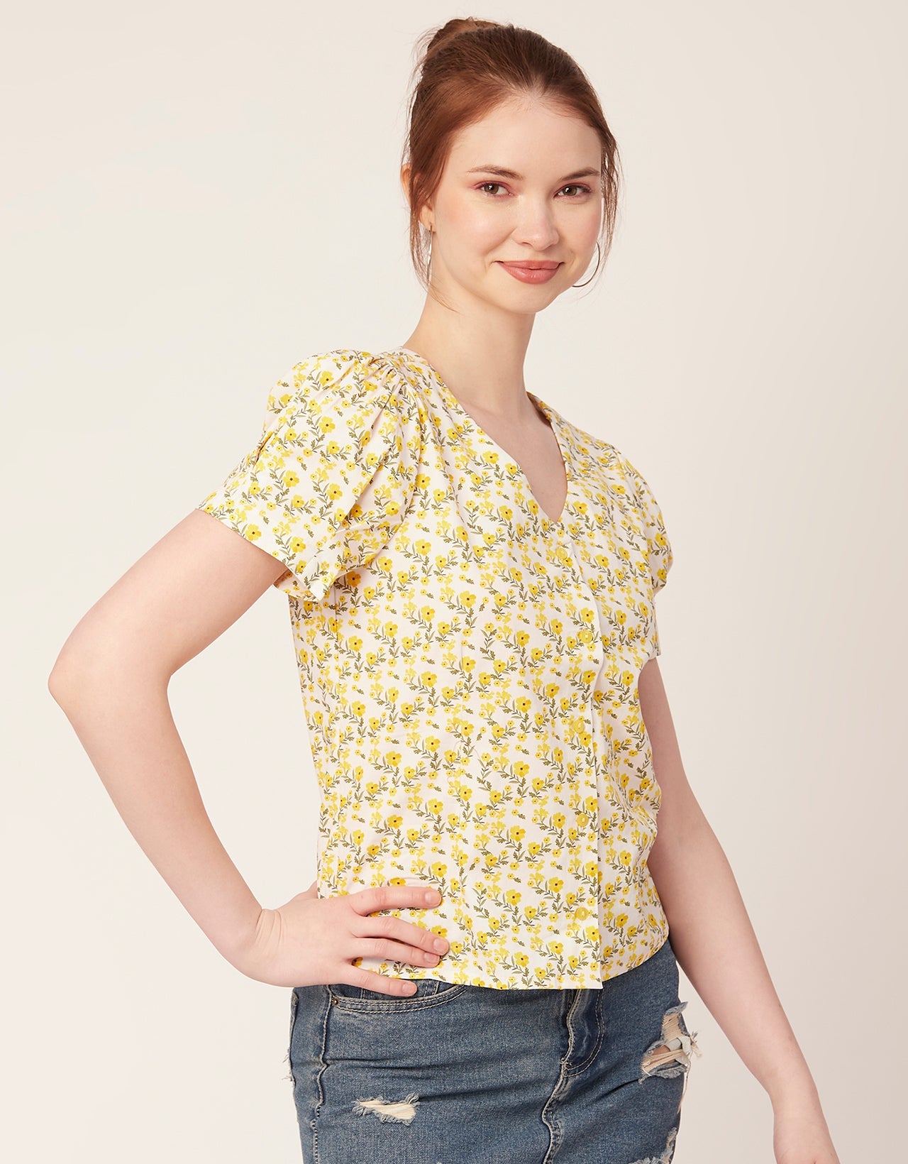 Printed V Neck Puff Sleeve