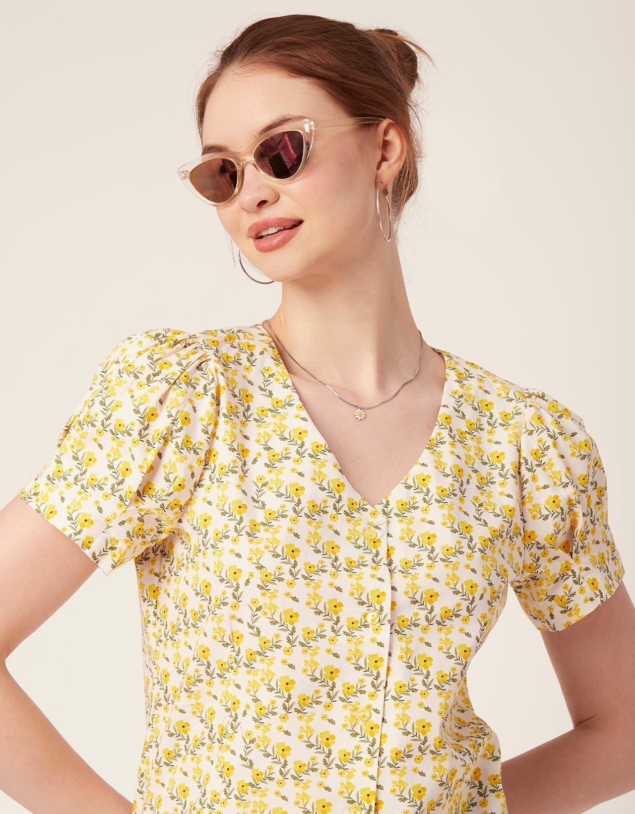 Printed V Neck Puff Sleeve