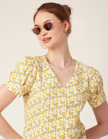 Printed V Neck Puff Sleeve