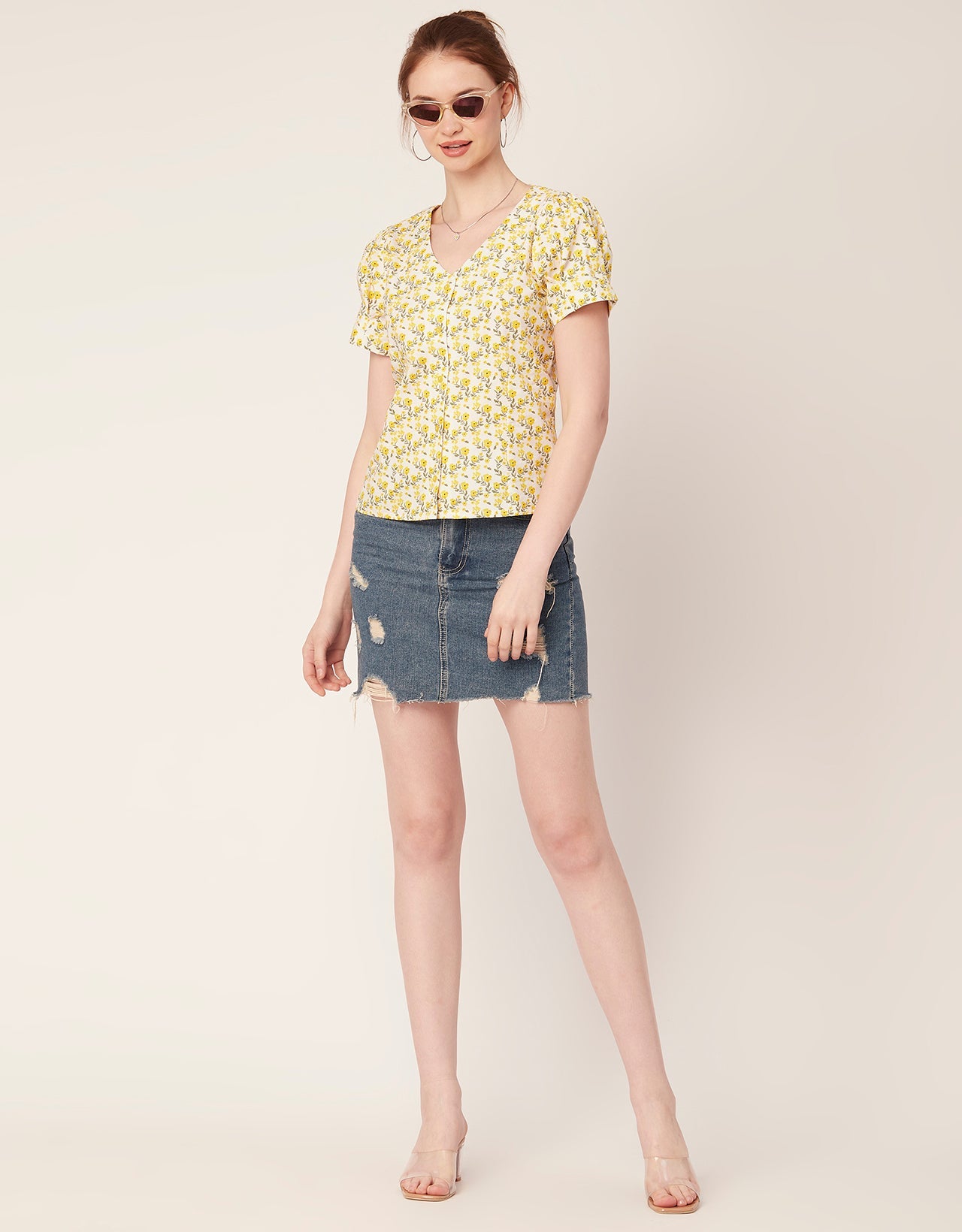 Printed V Neck Puff Sleeve
