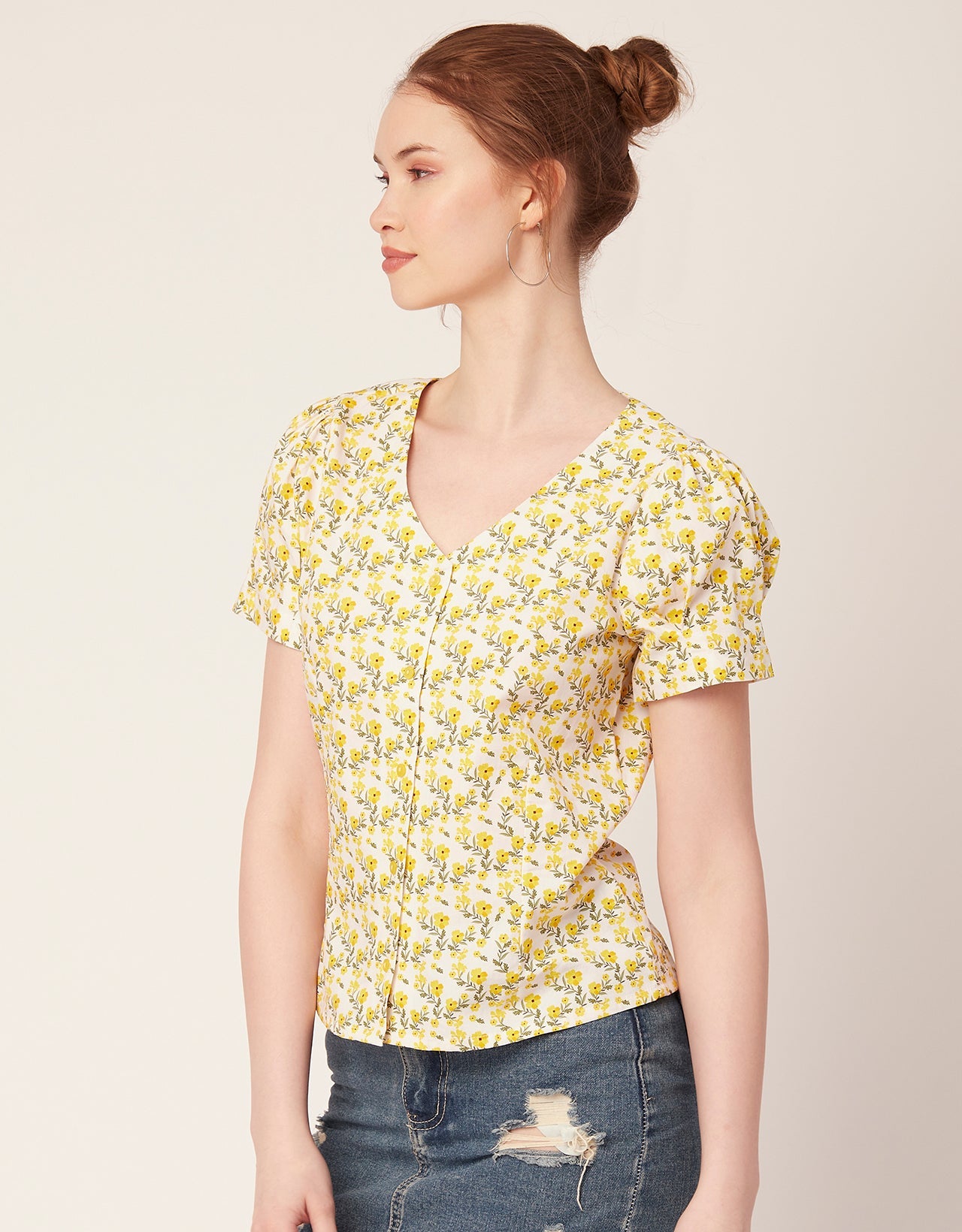 Printed V Neck Puff Sleeve