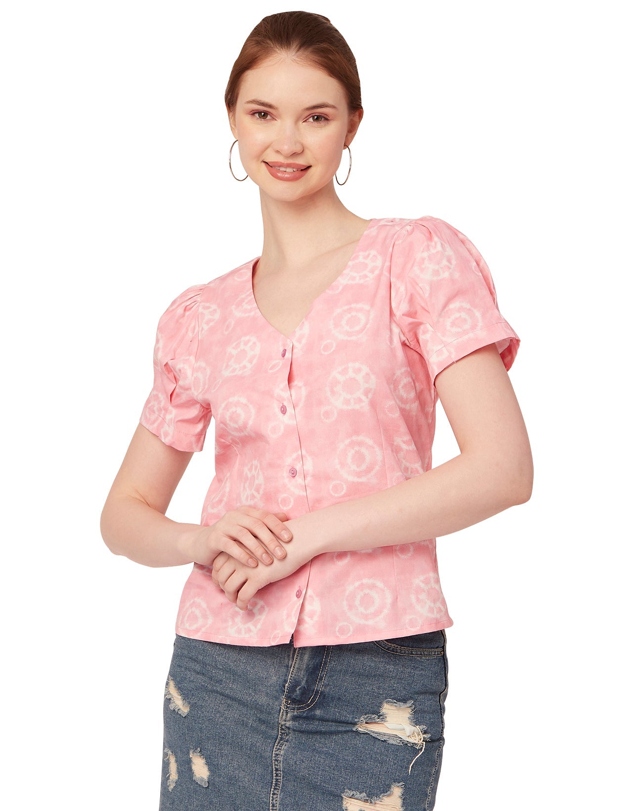 Printed V Neck Puff Sleeve