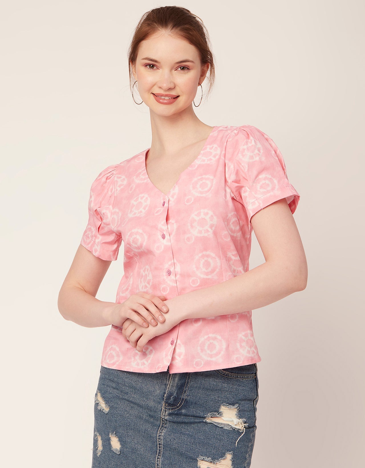 Printed V Neck Puff Sleeve