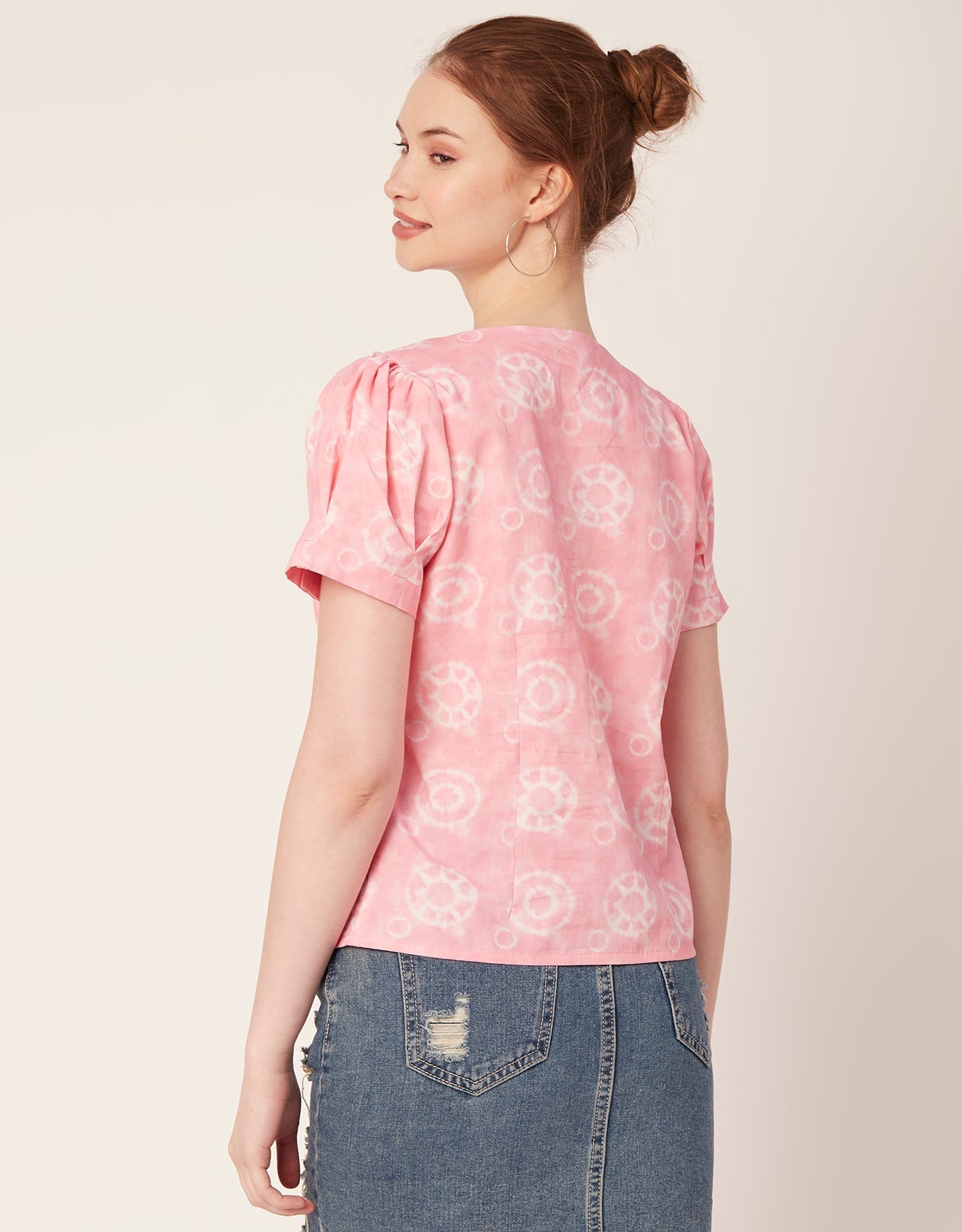 Printed V Neck Puff Sleeve