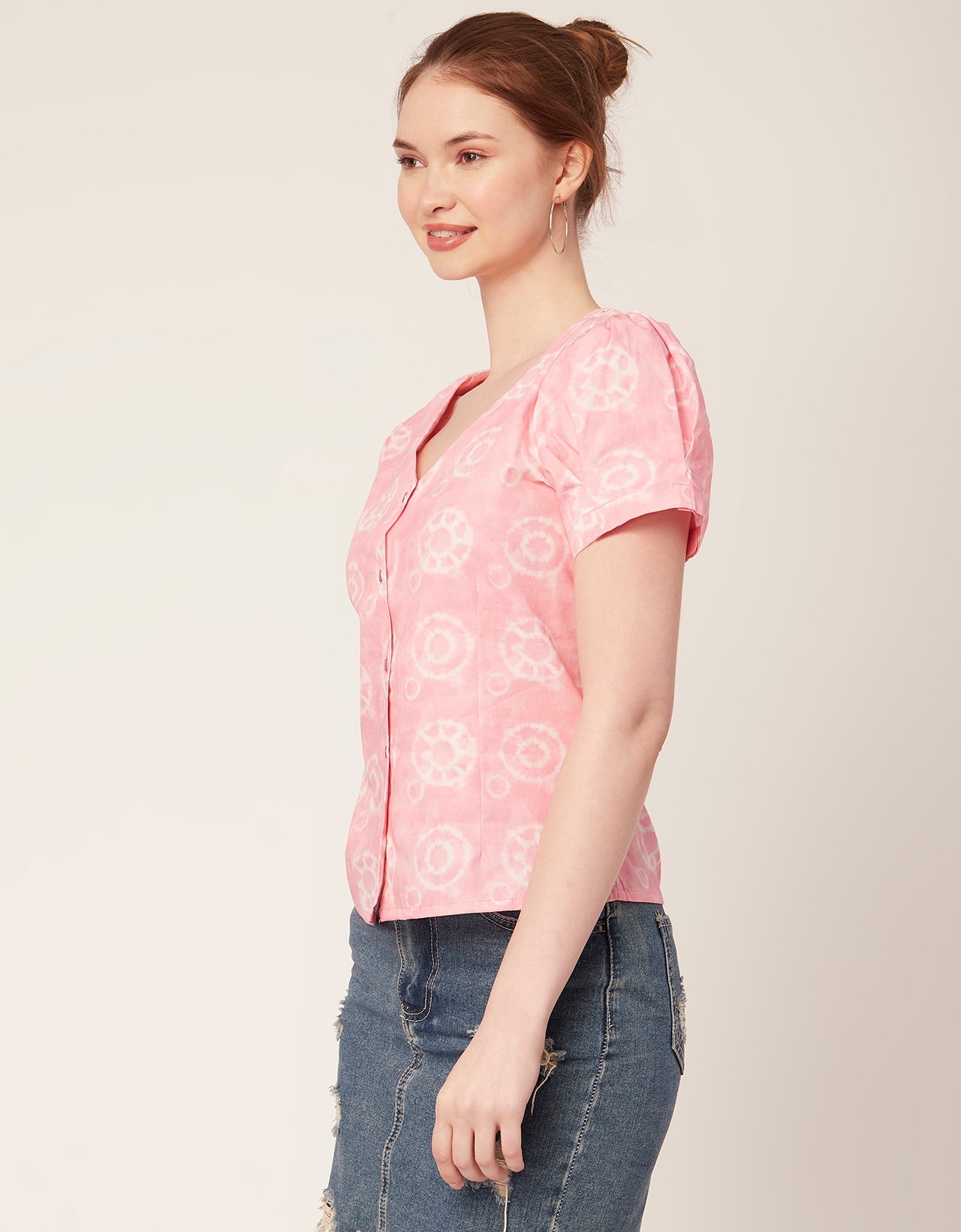 Printed V Neck Puff Sleeve