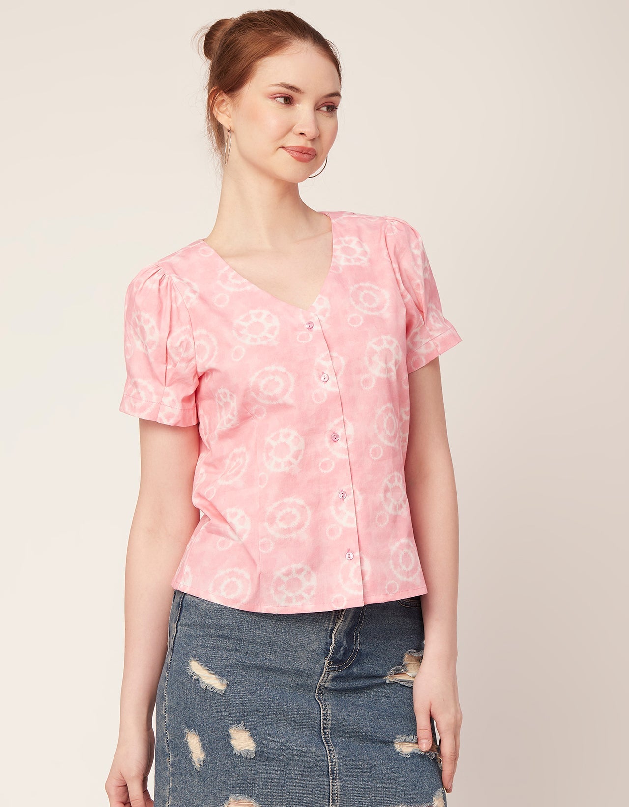 Printed V Neck Puff Sleeve