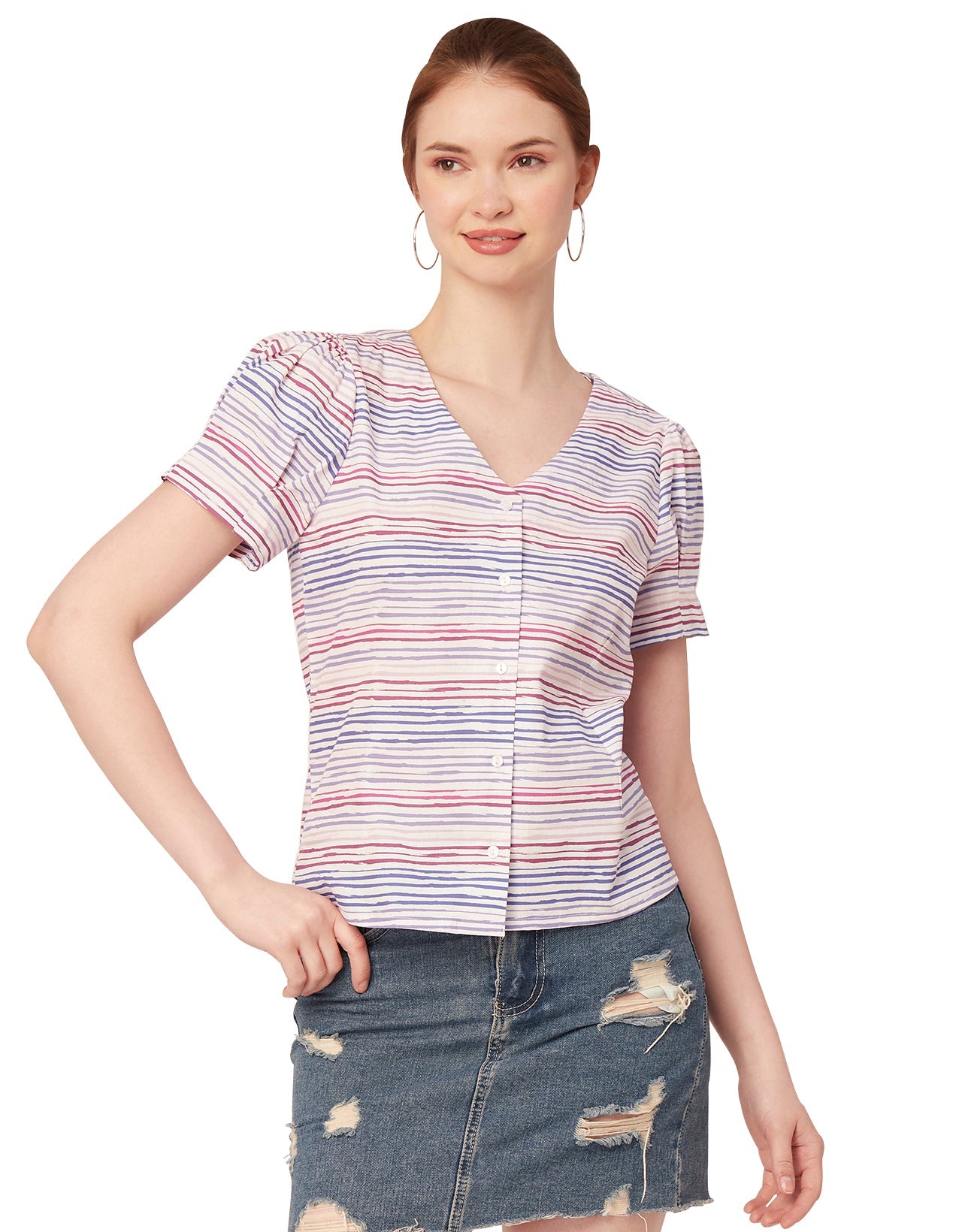 Printed V Neck Puff Sleeve