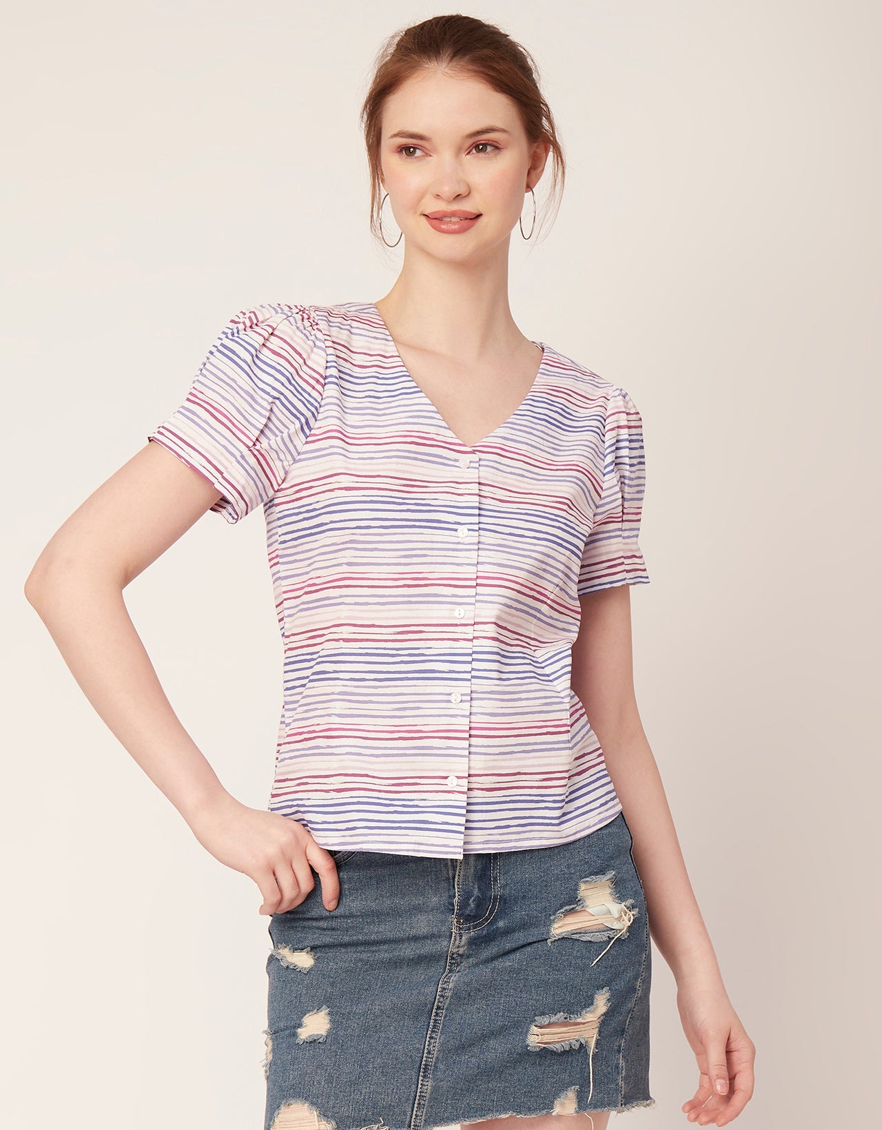 Printed V Neck Puff Sleeve